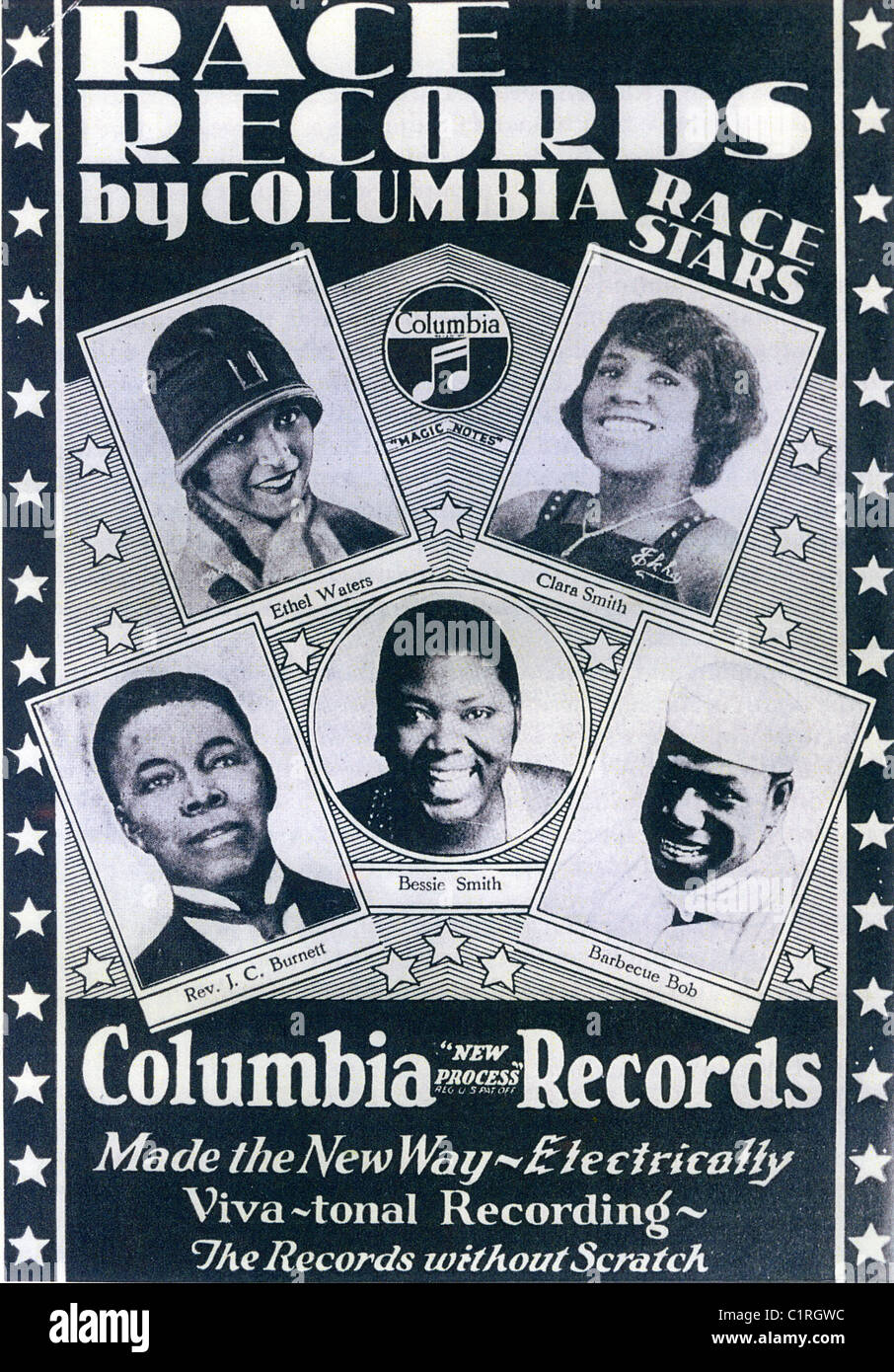 Colombie-britannique LA RACE RECORDS ANNONCE environ 1935 avec Ethel Waters, Bessie Smith, Clara Smith, Rev J C Burnett et barbecue Bob Banque D'Images