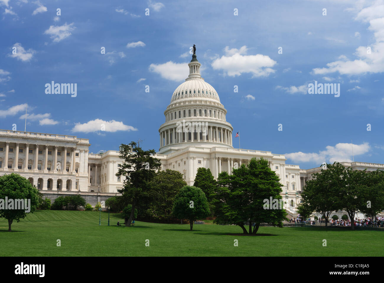 Vue du début de l'été sur le Capitole des États-Unis et ses jardins. Banque D'Images