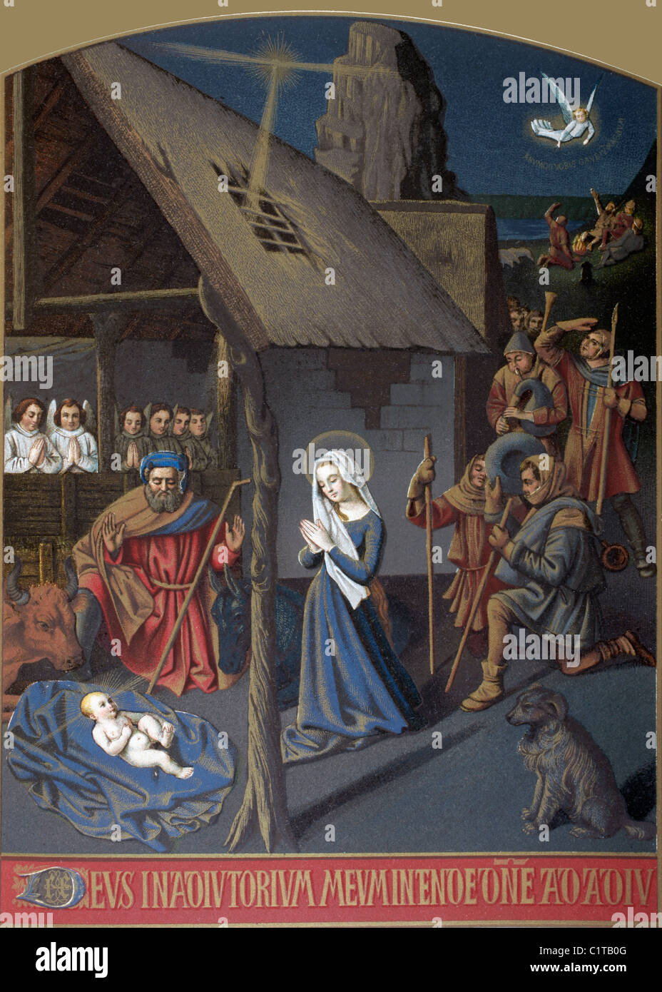 Scène de la nativité, après une miniature par Jehan Foucquet. Banque D'Images