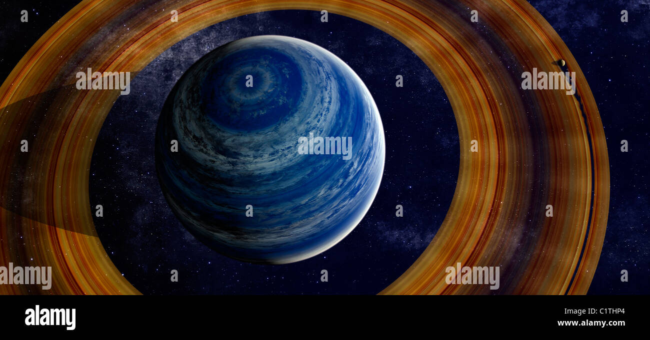 Un géant du gaz bleu annelé avec shepherd moon dans les anneaux, contre un fond étoilé. Banque D'Images