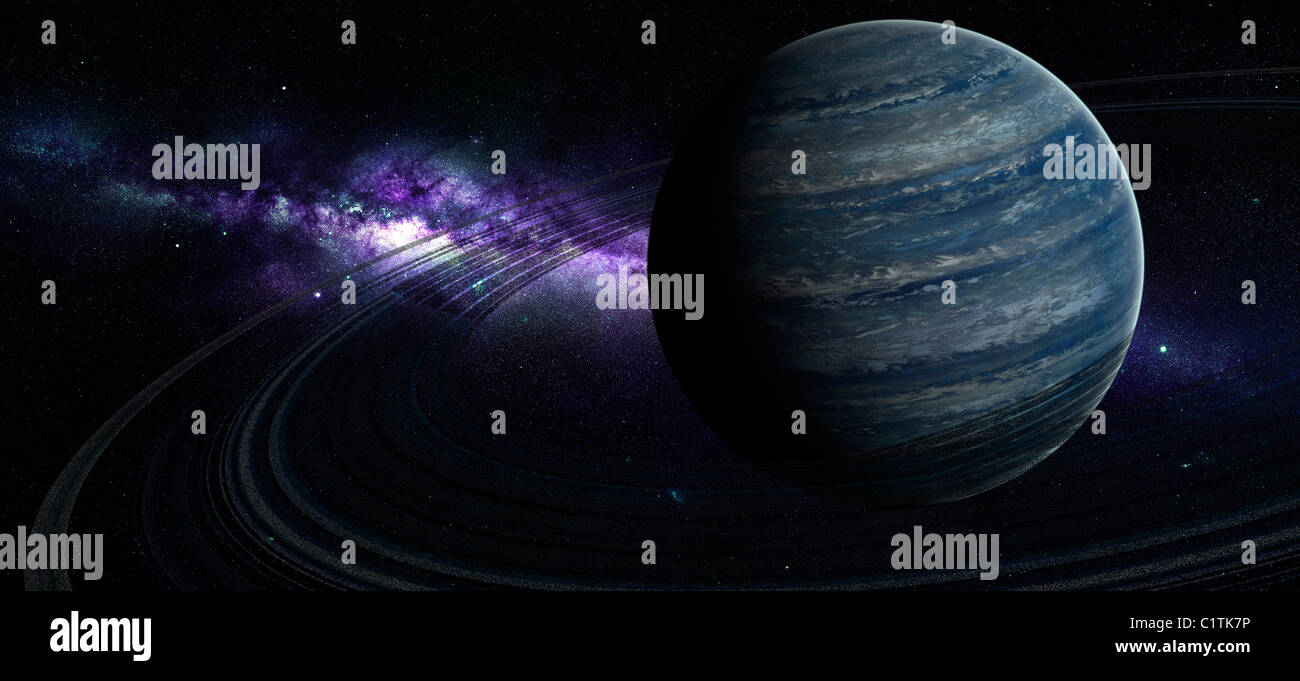 Concept de l'artiste d'un phoque annelé bleu géant de gaz en face d'une galaxie. Banque D'Images