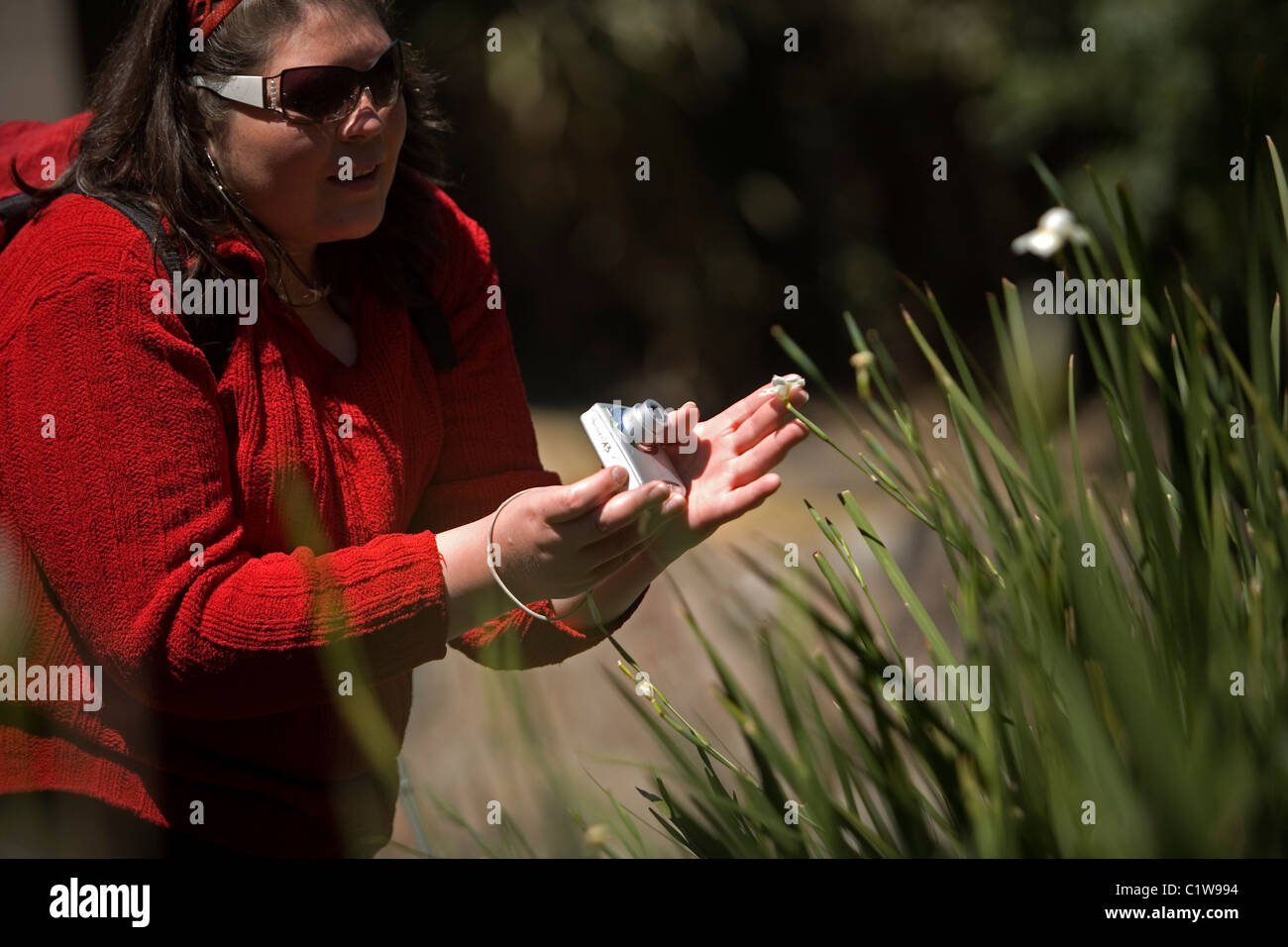 Un élève aveugle touche une plante comme il prend des photos d'elle à un atelier photo pour les aveugles et malvoyants à Mexico Banque D'Images