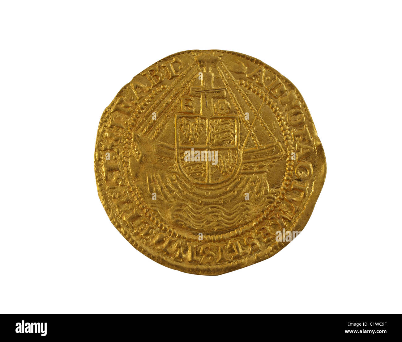 Vieil or martelé Ange coin d'Elizabeth I frappées 1590-1592 montrant navire avec bouclier royal, marche arrière Banque D'Images