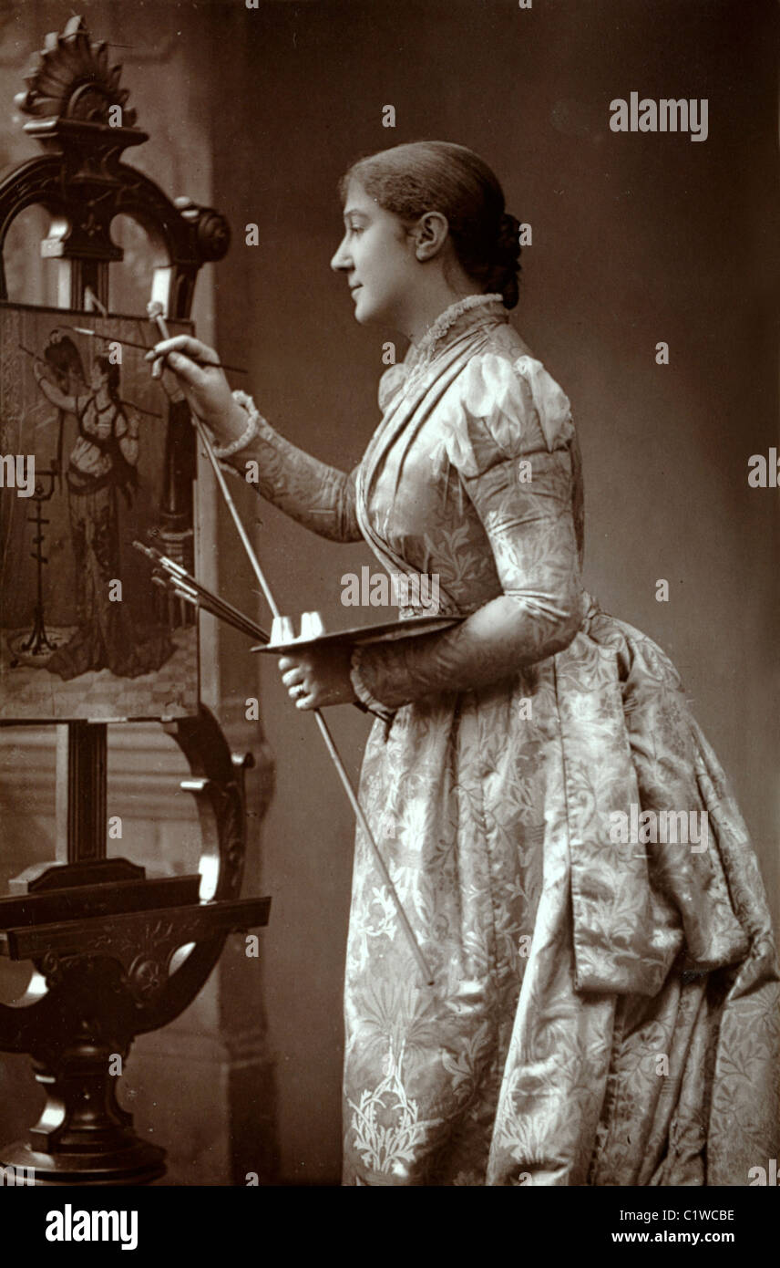 Portrait de Madge Kendall (1848-1935) actrice anglaise peinture à un Easel. Type de bois Banque D'Images