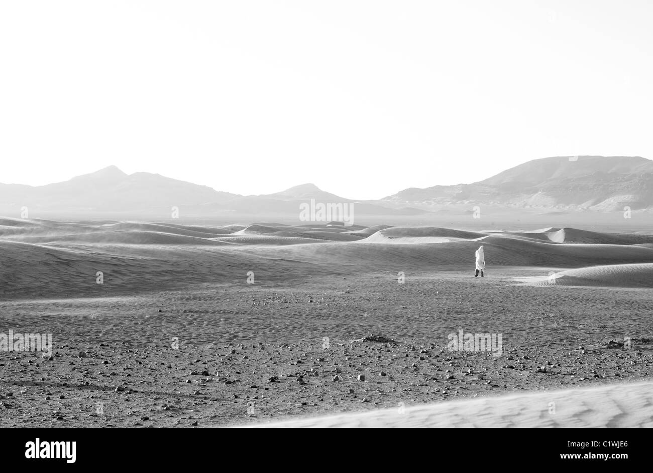 L'homme en présence de vent et de sable érodé (création d'ergs dans le désert entre la chaussée 'desert' la structure du formulaire des terres entre dunes). Banque D'Images