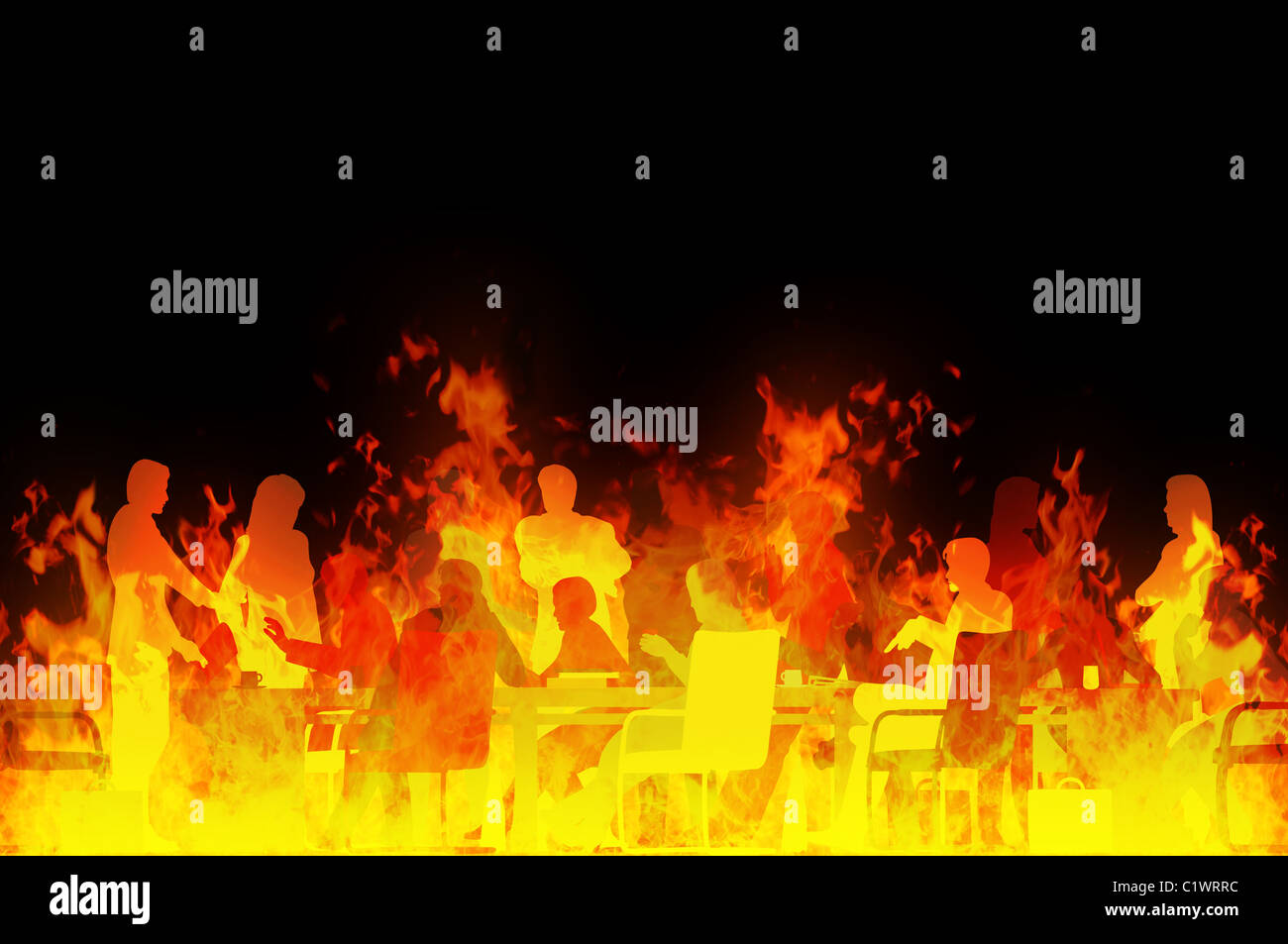 Illustration de rendu d'une réunion d'affaires dans un feu faisant rage Banque D'Images