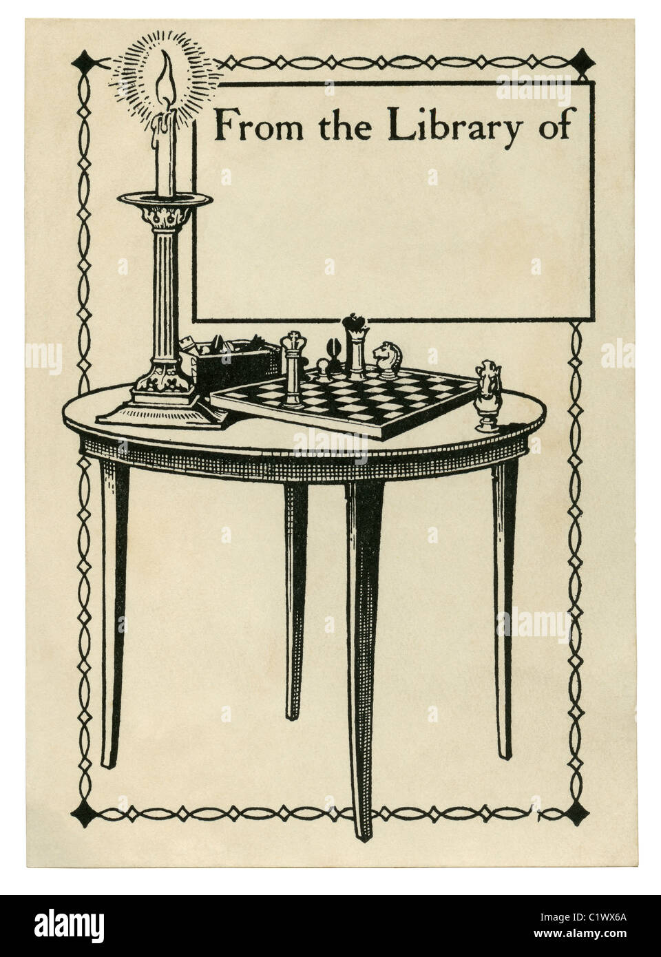 Un ex-libris ex-libris' ou 'c. 1920 avec une illustration d'un échiquier et d'une bougie Banque D'Images