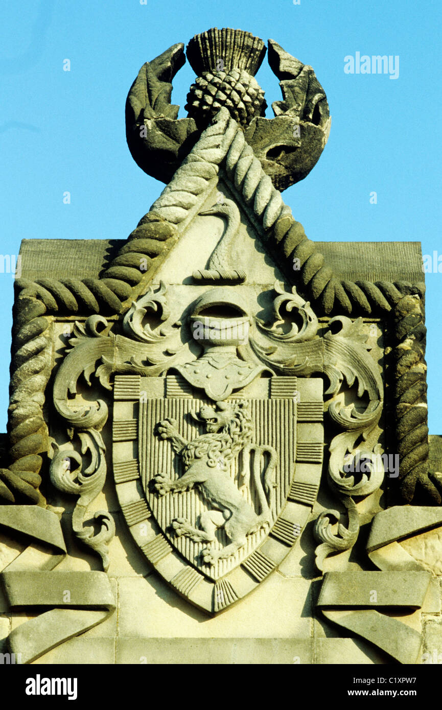 Stirling, Monument William Wallace, détail d'armoiries de l'Écosse Scottish Thistle lion héraldique héraldique col de cygne UK Banque D'Images