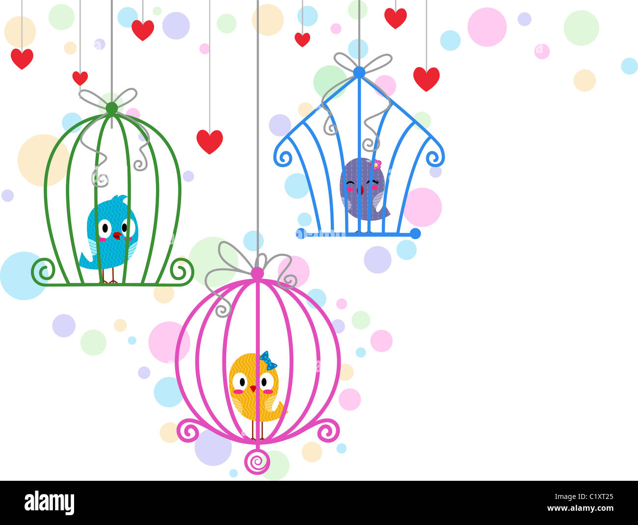 Illustration de tourtereaux dans des cages différentes Banque D'Images