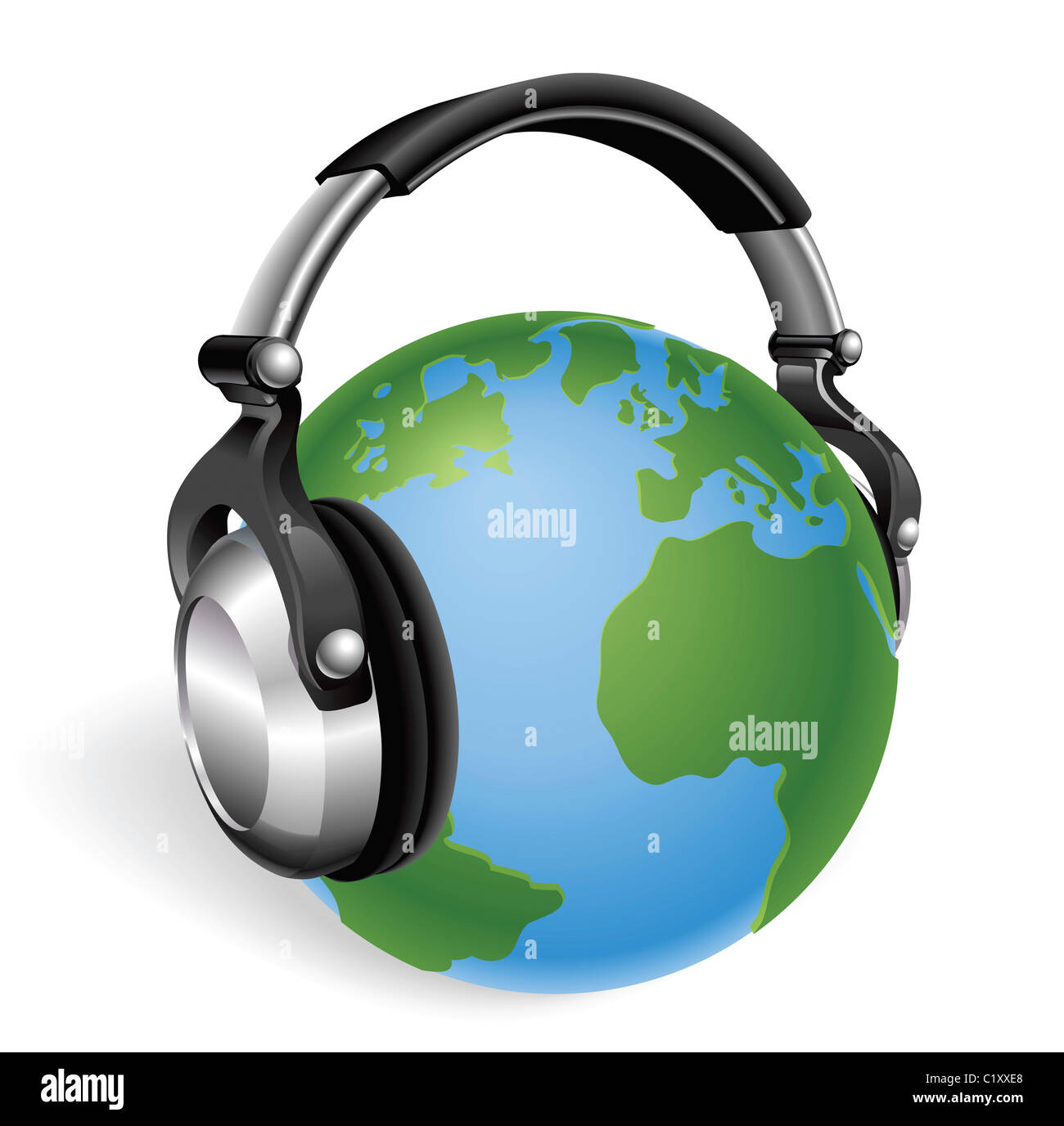 Le monde globe terrestre d'écouter de la musique sur le casque. Banque D'Images