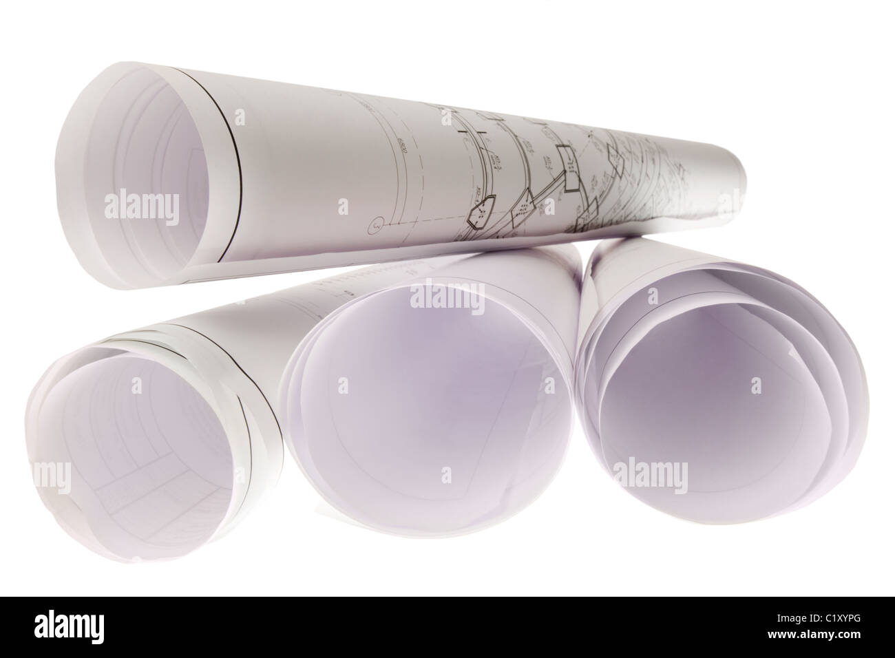 Close-up de bleus et des croquis de projets isolé sur fond blanc Banque D'Images