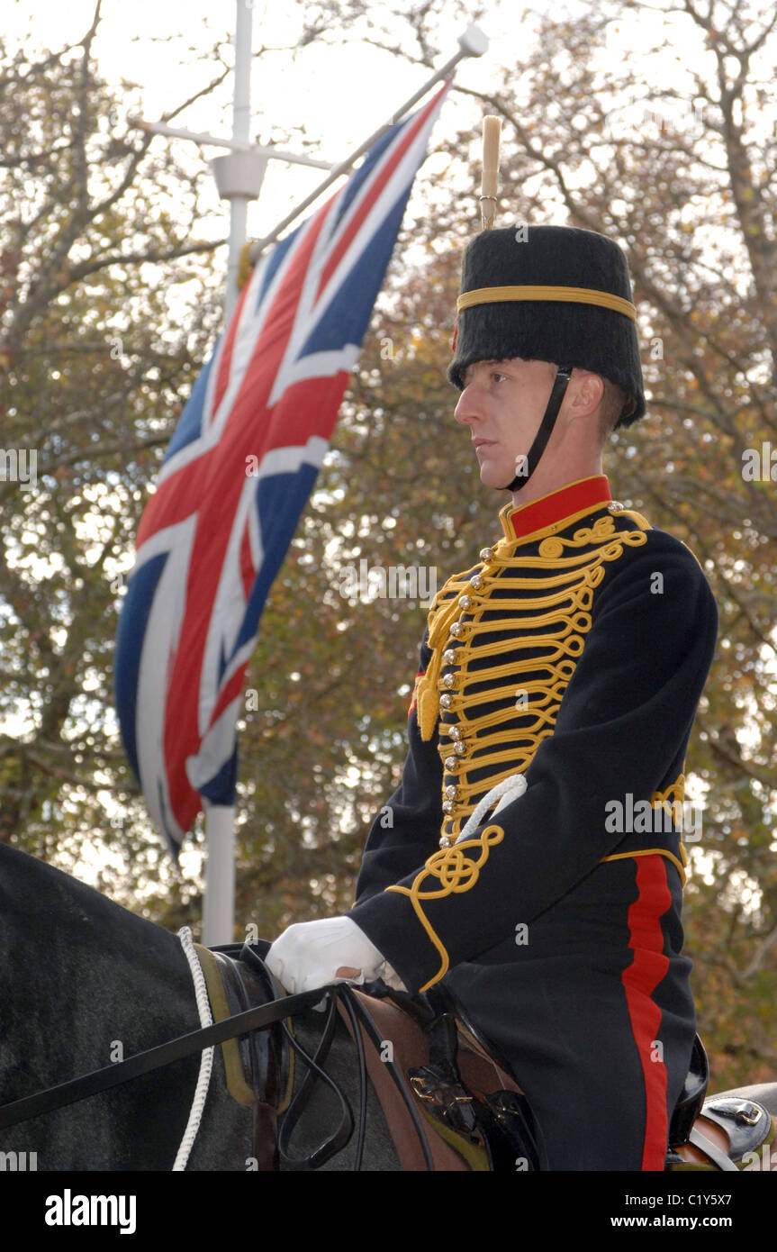 Un cavalier de la célèbre troupe Kings Royal Horse Artillery en grande tenue uniforme. Londres, novembre 2007. Banque D'Images