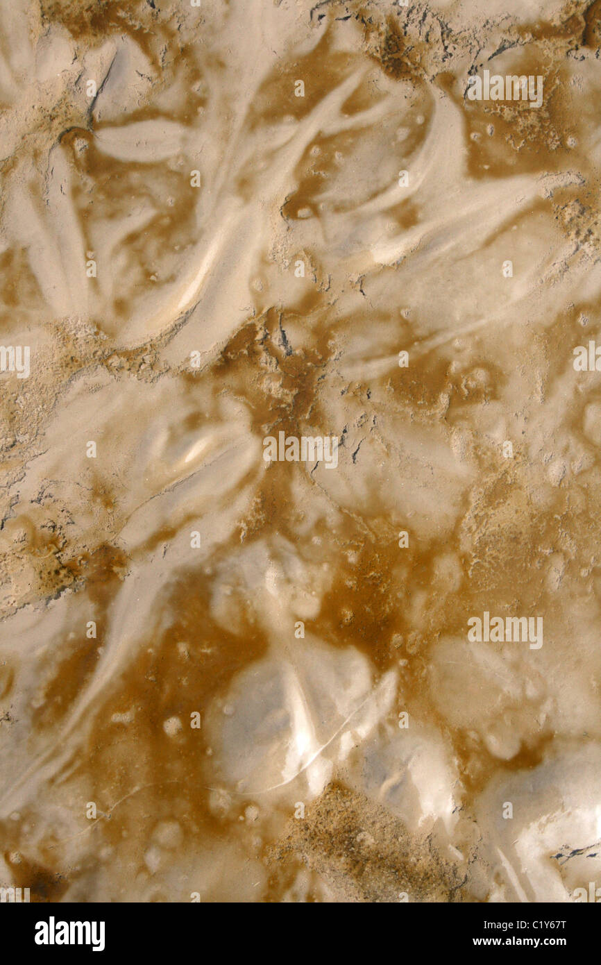 Brown sur la surface de l'écume de sable provoquée par les diatomées, côte de Sefton, UK Banque D'Images