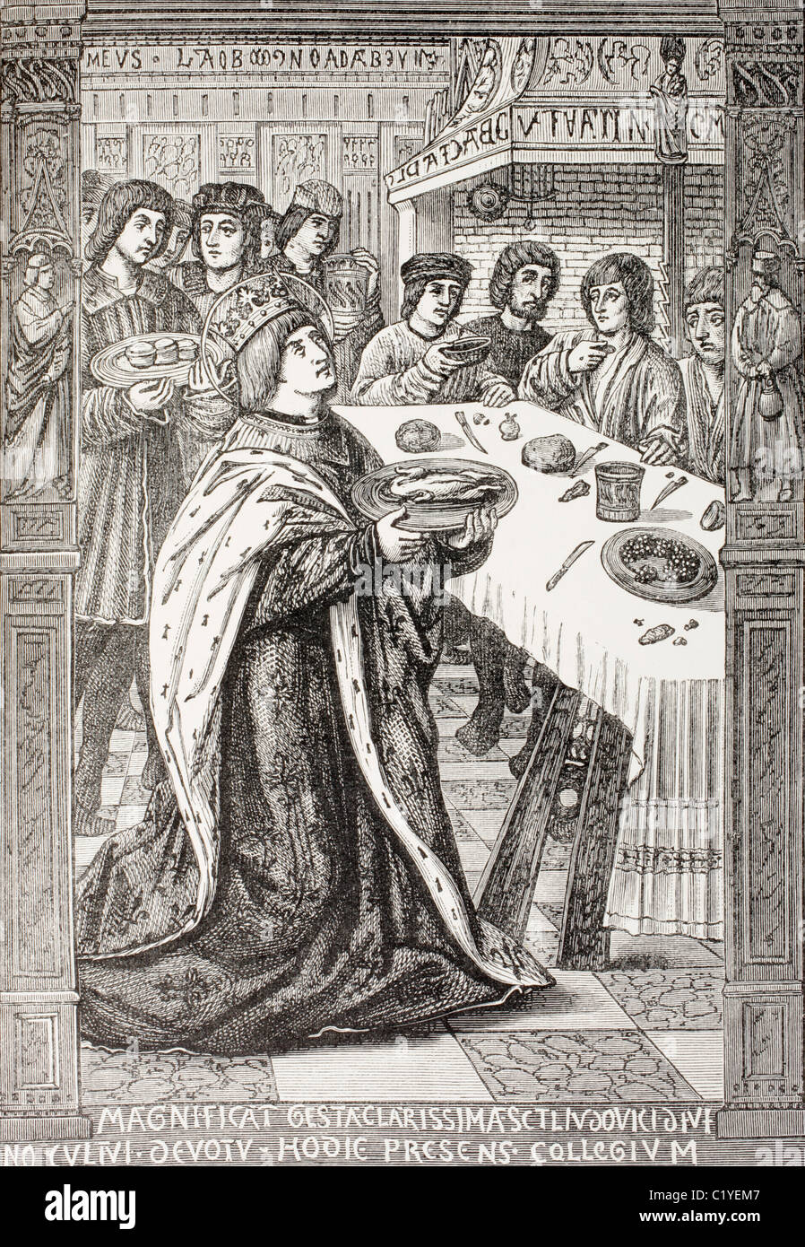 Saint Louis, le roi Louis IX de France, 1214 - 1270, servant un repas pour les pauvres. Banque D'Images