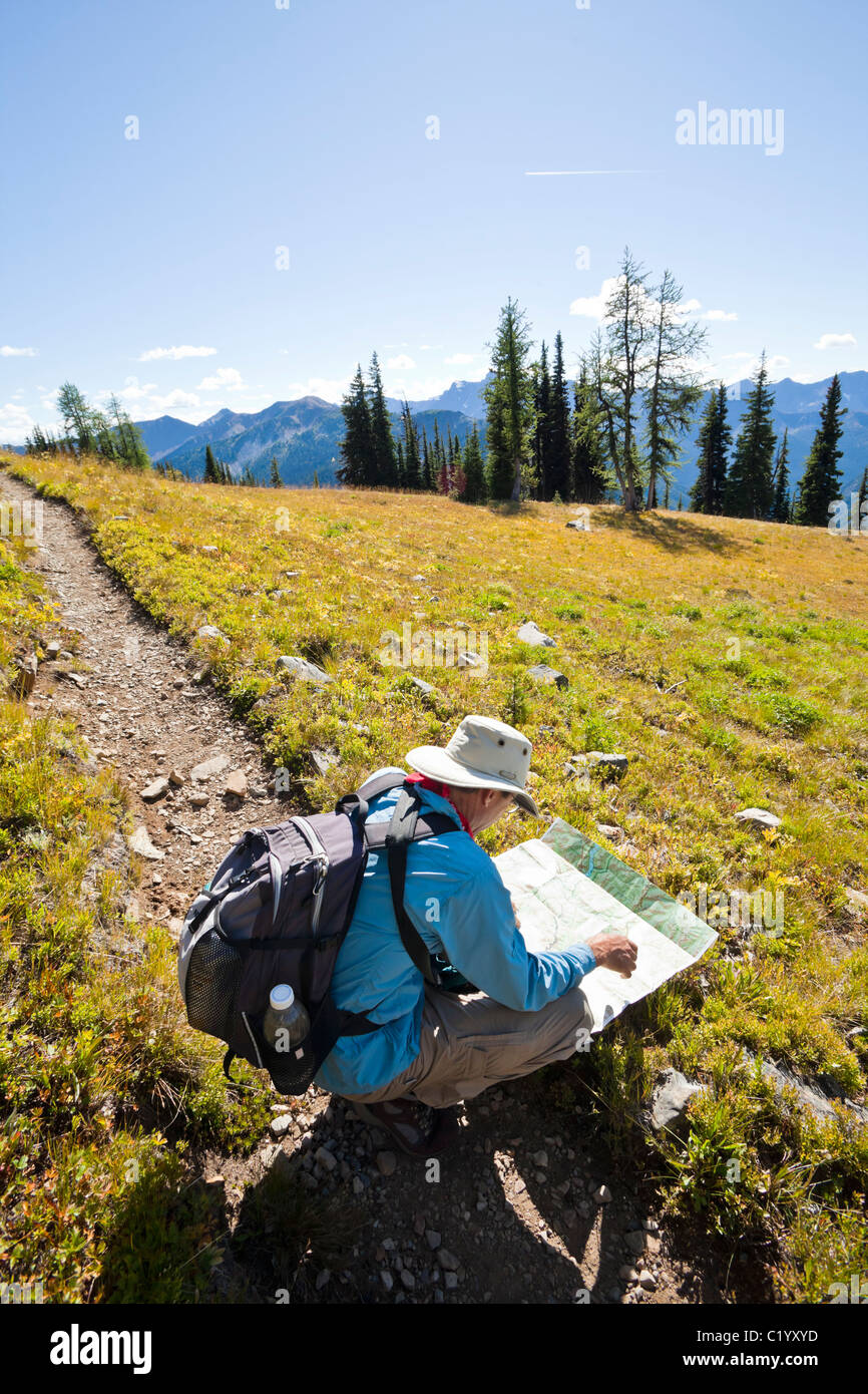 Un randonneur sur le Pacific Crest Trail contrôler sa carte. Cascades de Washington, USA. Banque D'Images