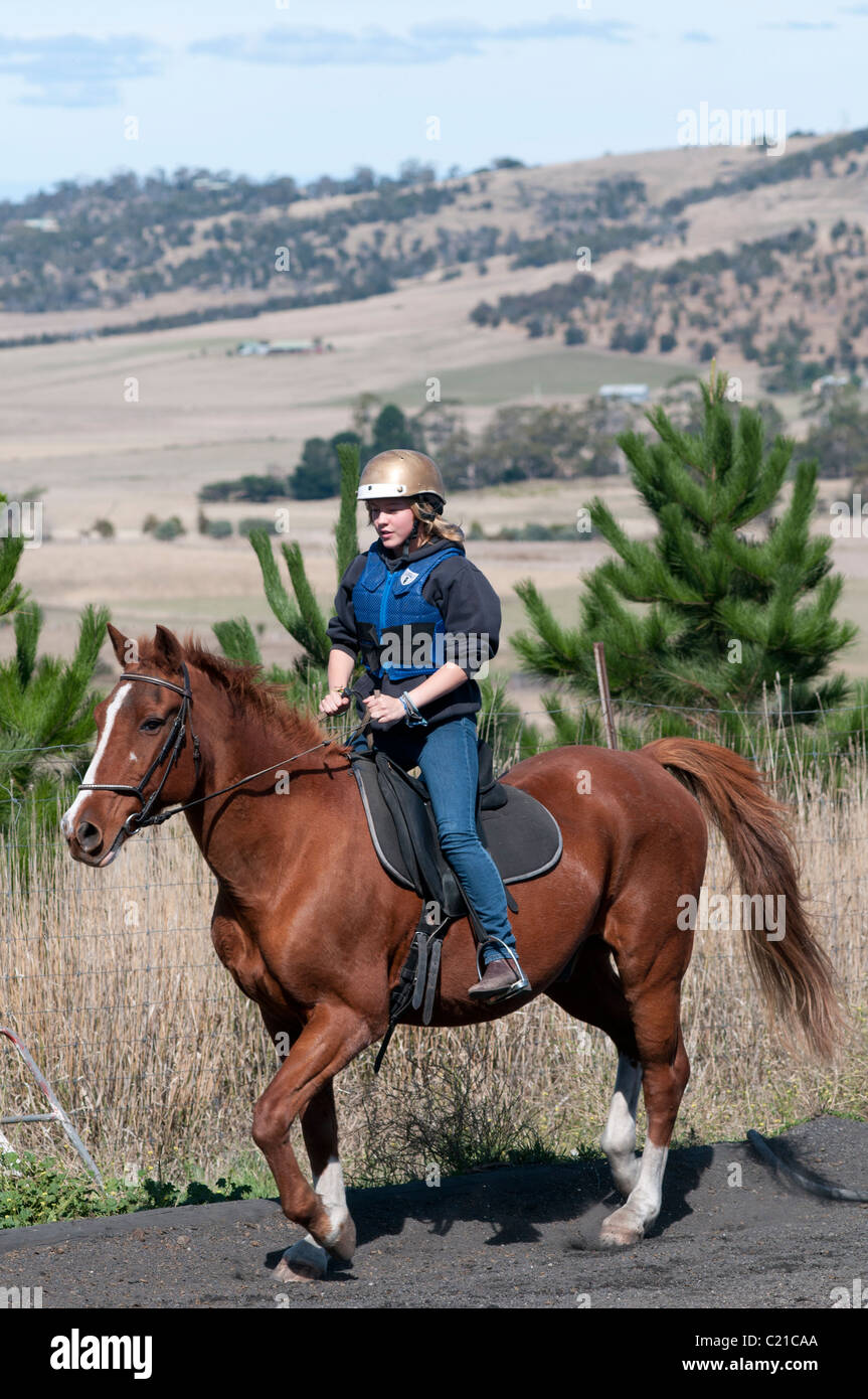 Une jeune adolescente apprendre à conduire un cheval à une école d'équitation en Tasmanie Banque D'Images