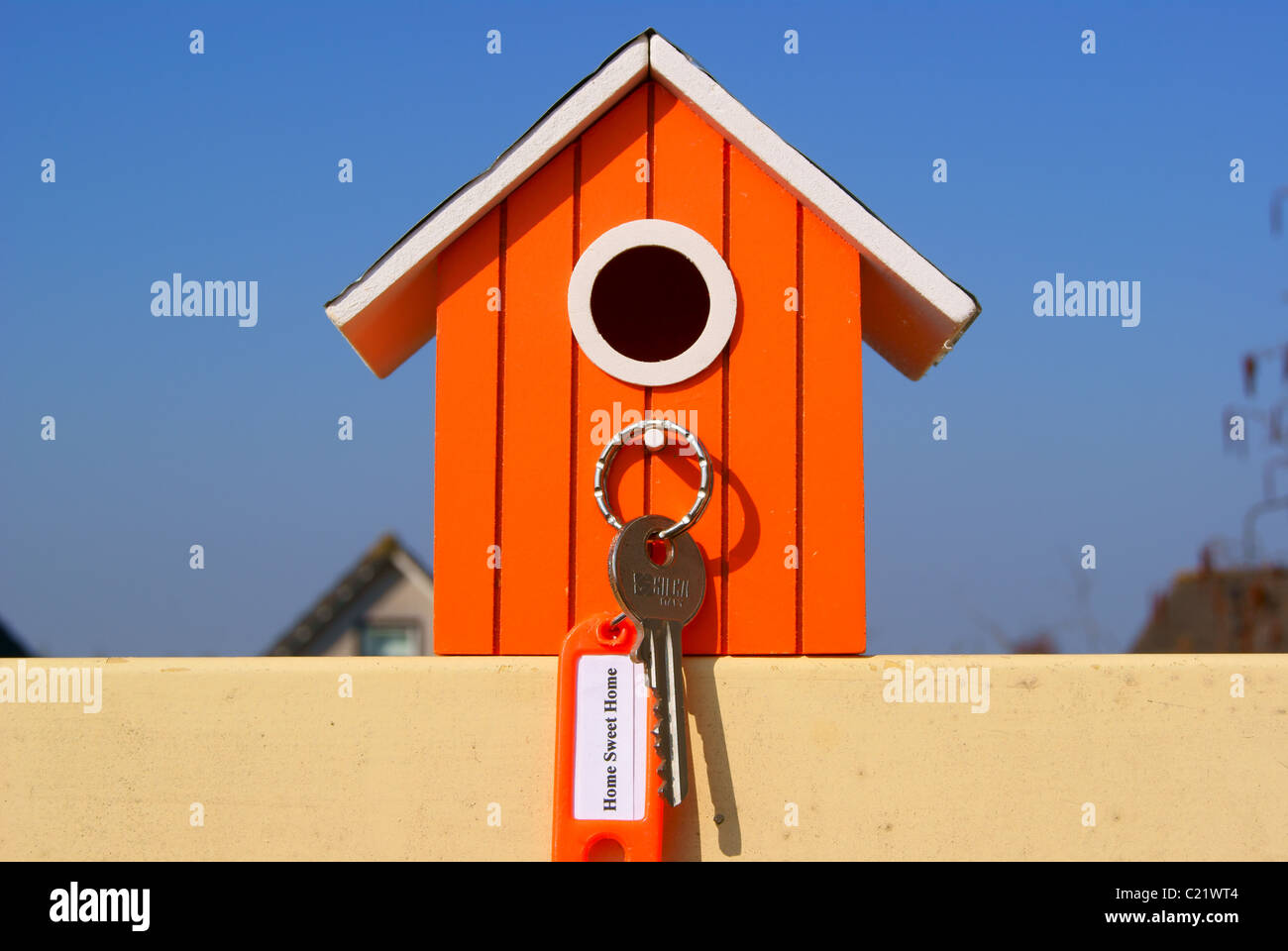 Home Sweet Home avec l'étiquette et la clé. Banque D'Images