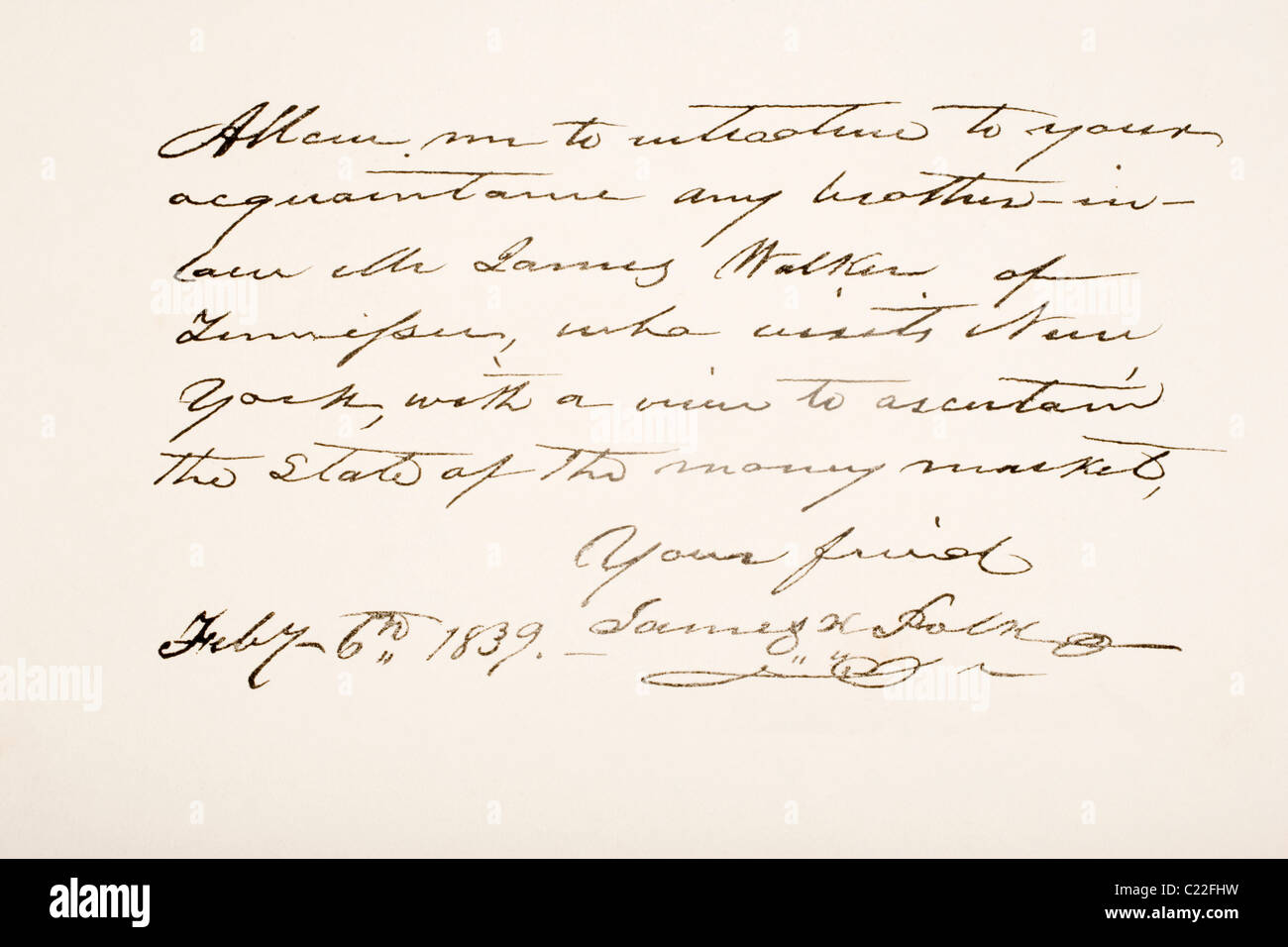 James Knox Polk, 1795 - 1849. 11e président des États-Unis d'Amérique. Échantillon d'écriture à la main. Banque D'Images
