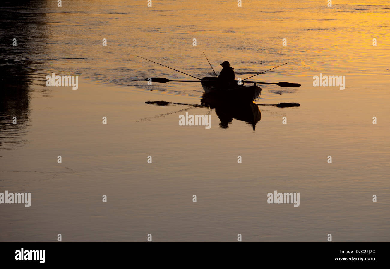 Pêche en bateau à rames / skiff / canot au coucher du soleil sur la rivière Oulujoki Finlande Banque D'Images