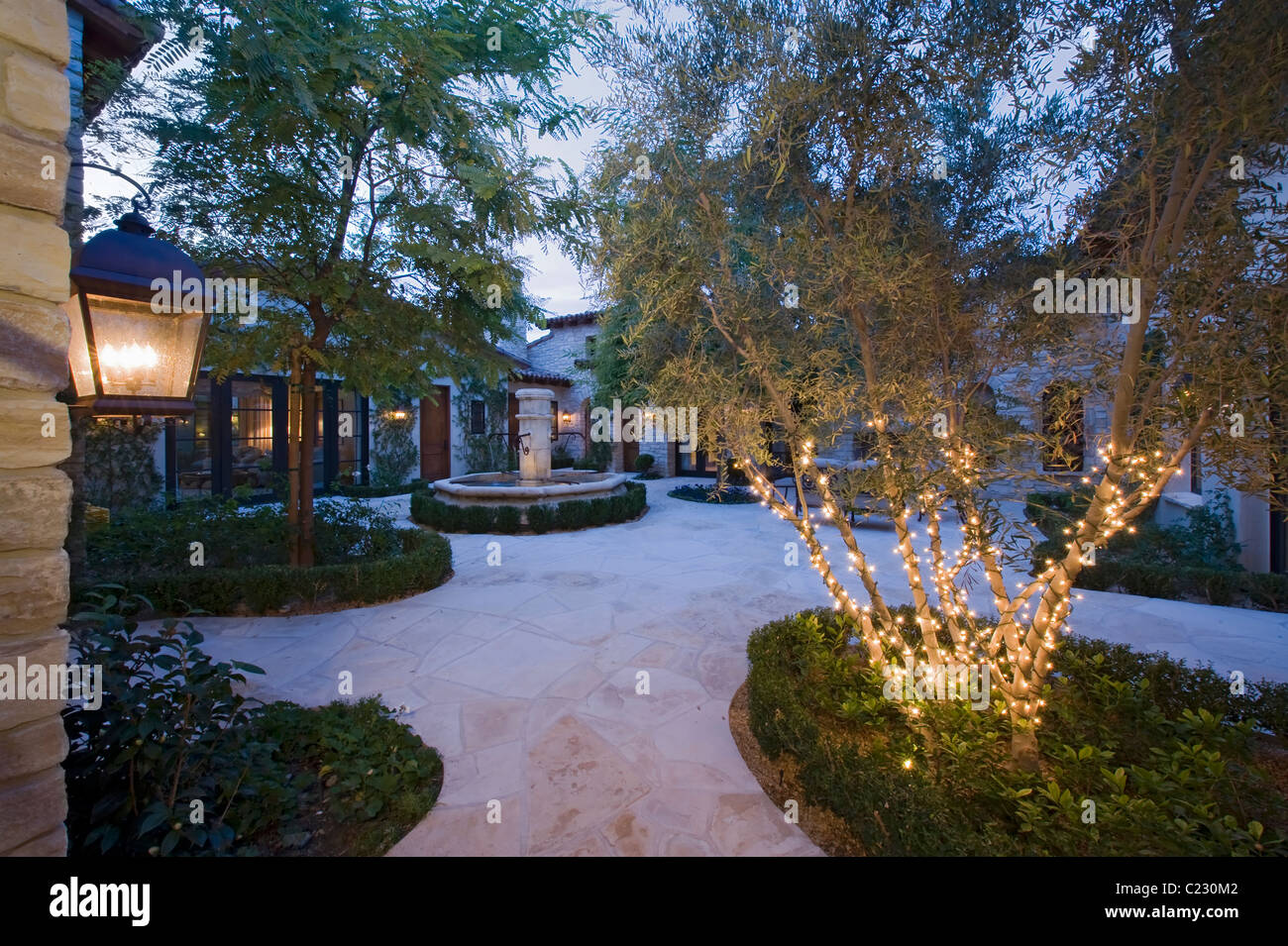 Nuit à l'extérieur de maison avec une fontaine:une lanterne et arbres:un en qui s'est allume avec fairy lights Banque D'Images