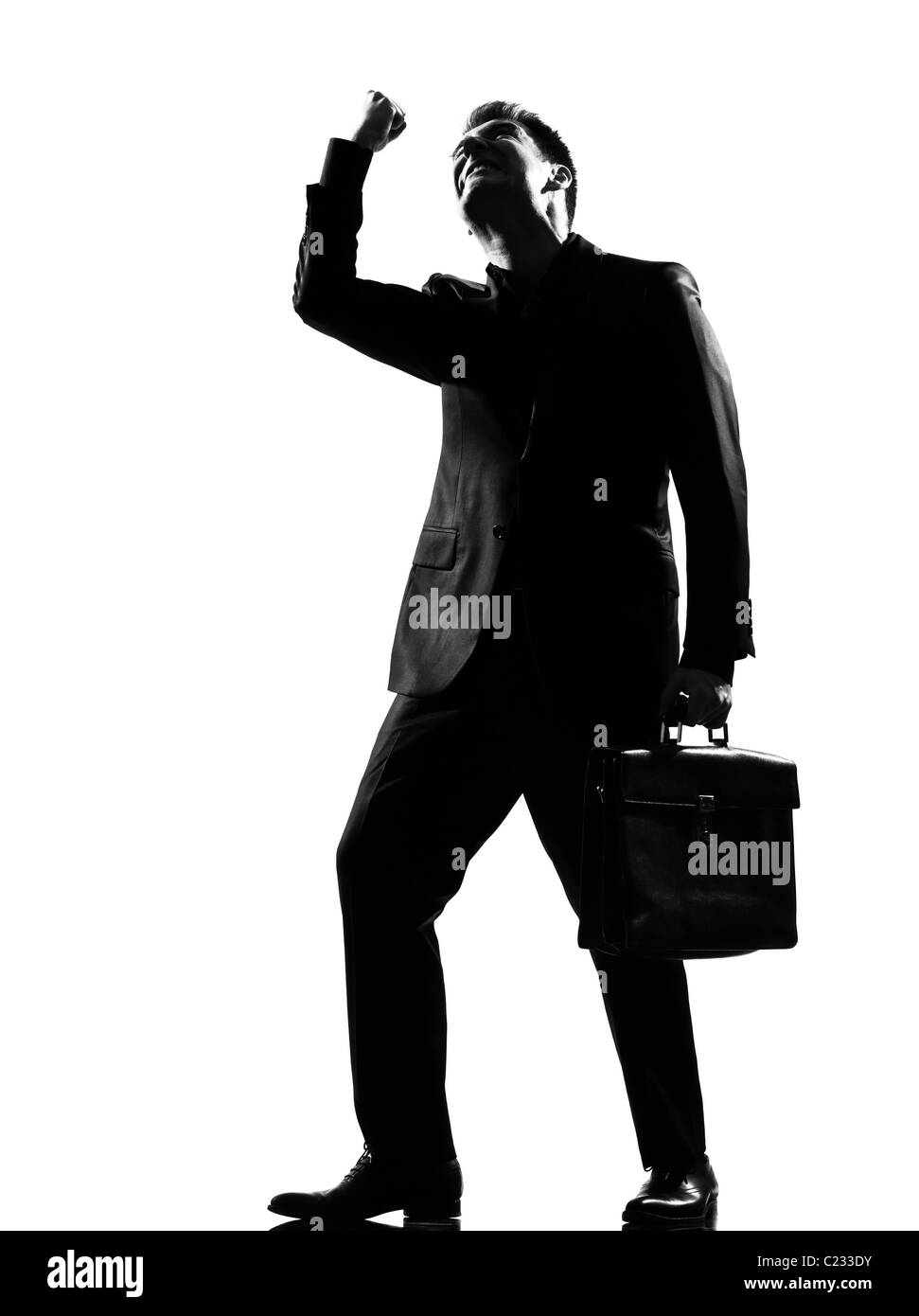 Silhouette caucasian business man exprimant la joie heureux comportement gagnante sur toute la longueur isolée studio fond blanc Banque D'Images