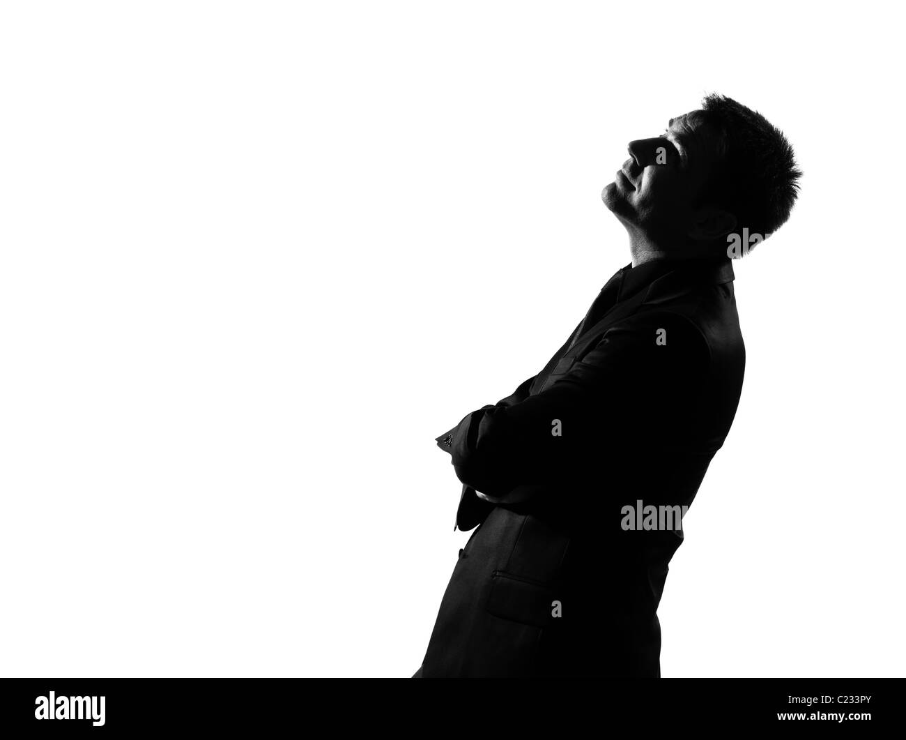 Silhouette caucasian business man mà rêvasser à pleine longueur sur le comportement isolé studio fond blanc Banque D'Images