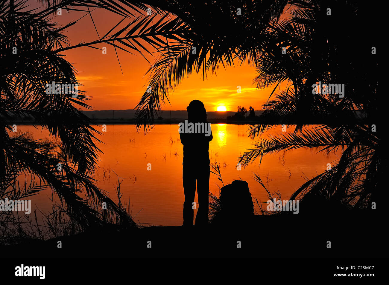 Silhouette de femme lors d'un coucher de soleil sur un lac salé à Fatnas Island près de la ville de Siwa, désert de l'ouest, l'Egypte Banque D'Images