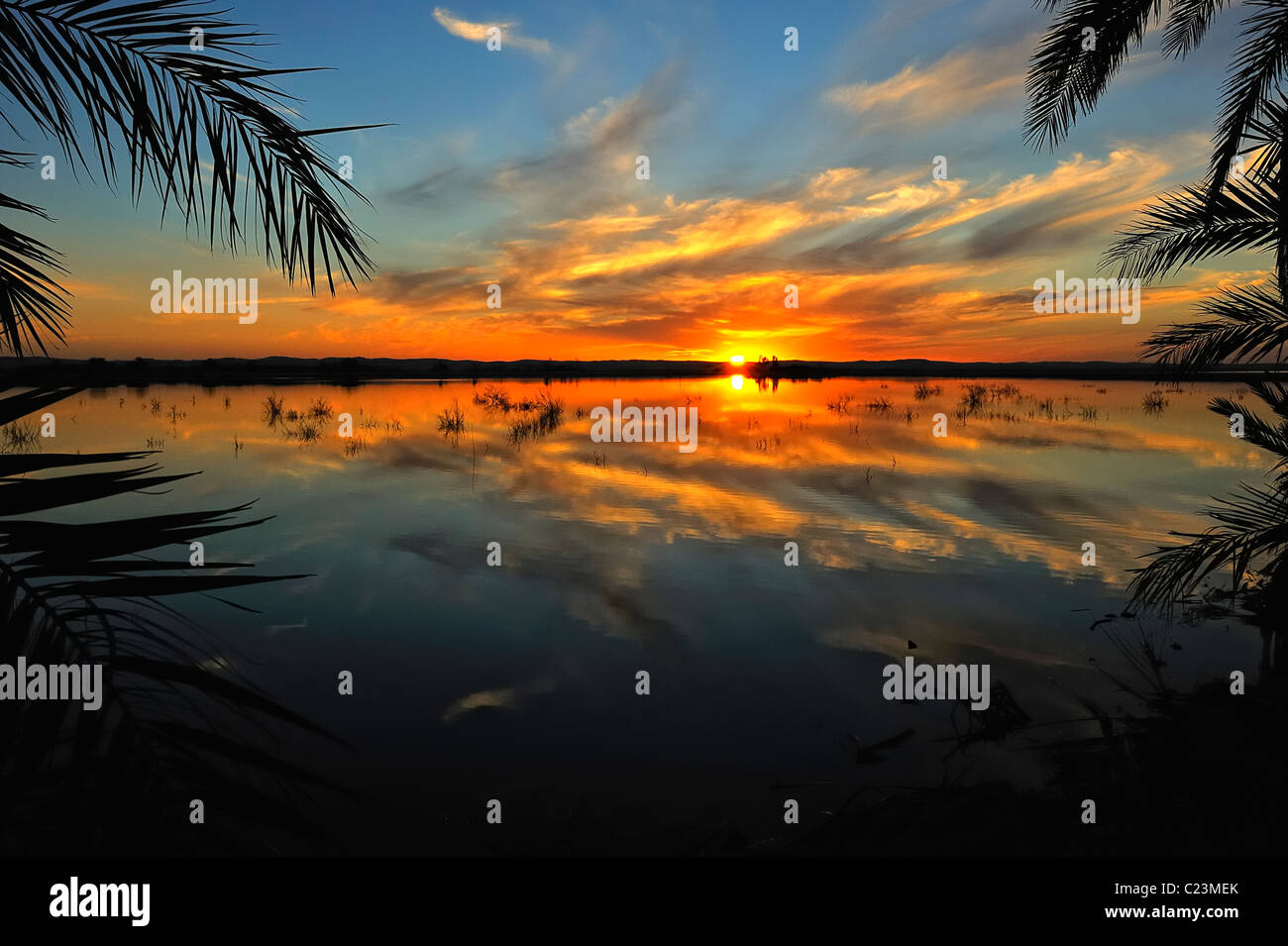 Coucher de soleil sur un lac salé à Fatnas Island près de la ville de Siwa, désert de l'ouest, l'Egypte Banque D'Images