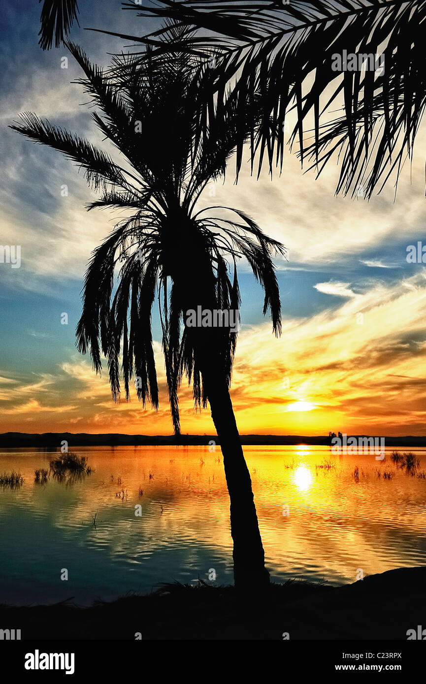 Coucher de soleil sur un lac salé à Fatnas Island près de la ville de Siwa, désert de l'ouest, l'Egypte Banque D'Images