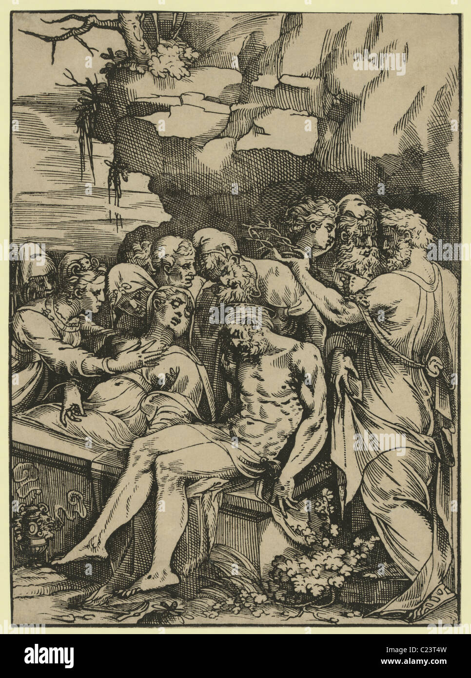 La mise au tombeau imprimer montre Jésus Christ étant soutenu par Joseph d'Arimethia comme Marie Madeleine confort donne à la Vierge Marie Banque D'Images