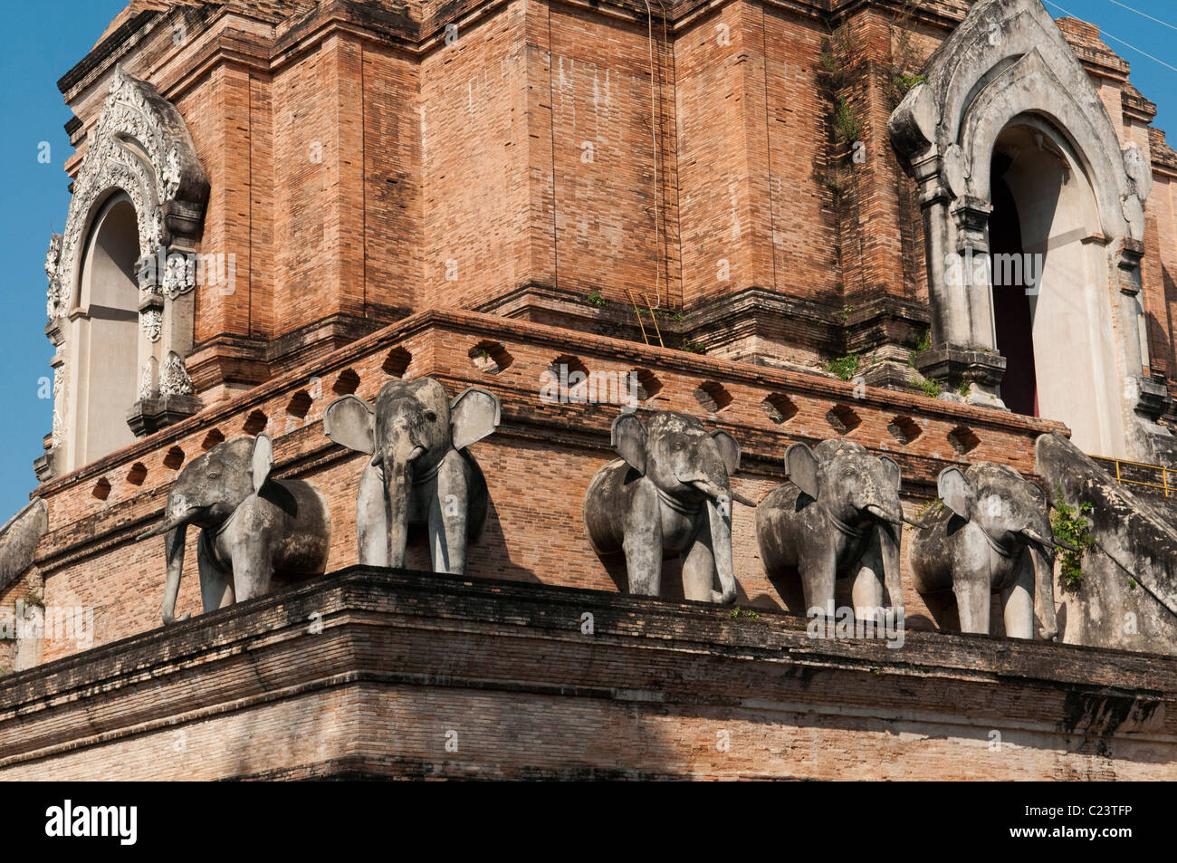 Des statues d'éléphants au Wat Chedi Luang temple à Chiang Mai, Thaïlande Banque D'Images