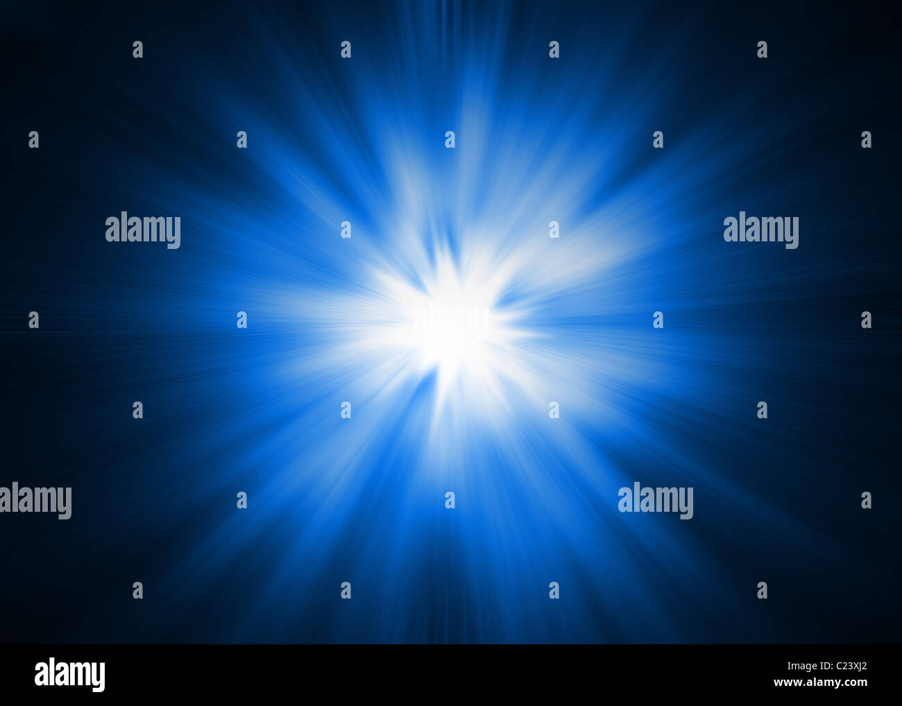 Bleu et blanc spectaculaire Lightburst / Sunburst sur fond noir Banque D'Images