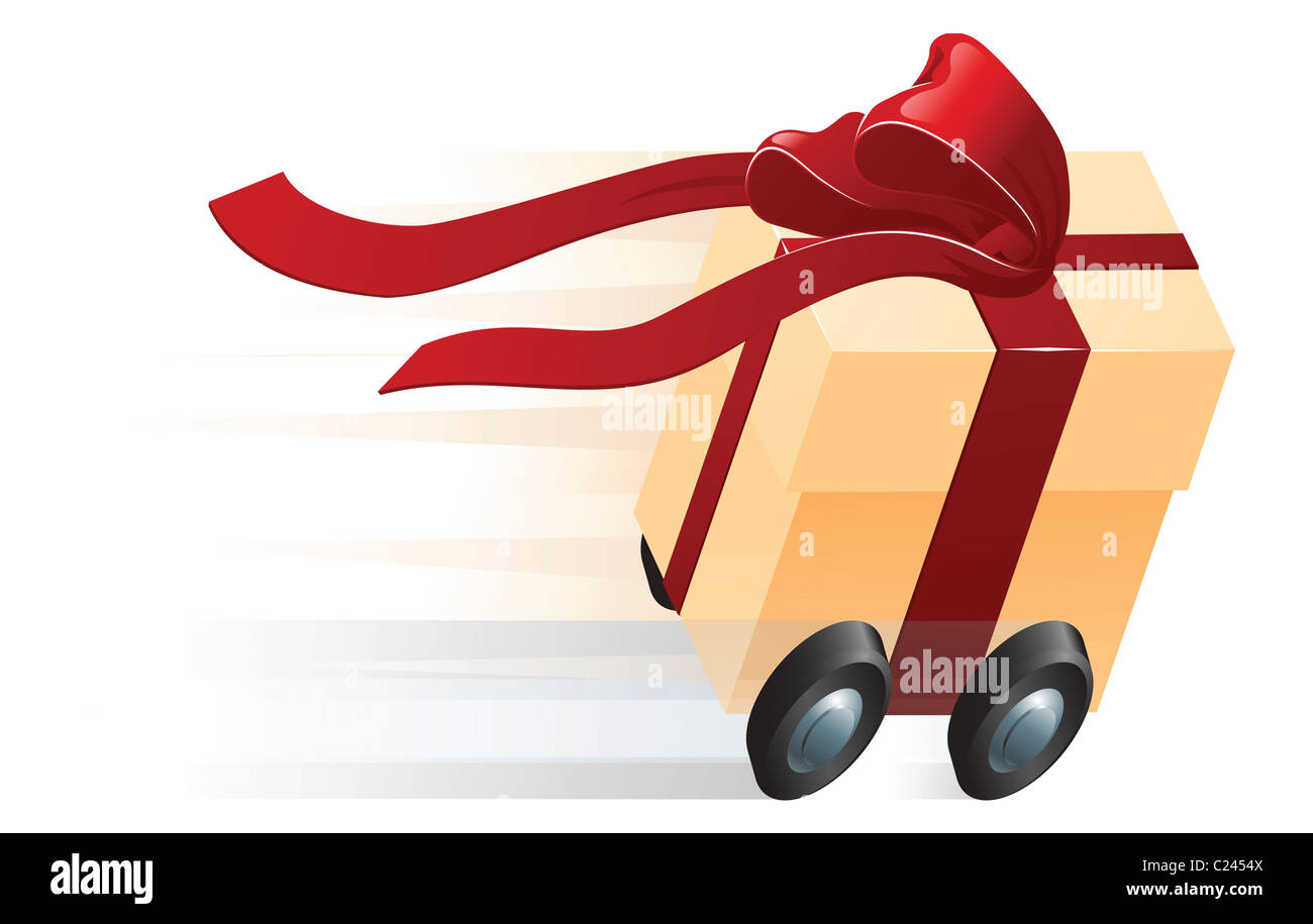 Un cadeau très rapide le long zoom sur roues. Concept pour l'expédition, livraison rapide ou l'emballage cadeau. Banque D'Images