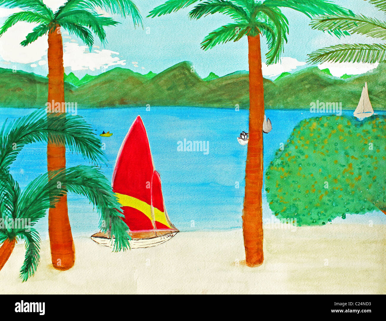 Un rouge et rayé jaune voilier est vu se détendre sur une plage de sable de l'Île Vierge tan dans ce lieu exotique. Peinture d'art d'une plage tropicale ensoleillée Banque D'Images