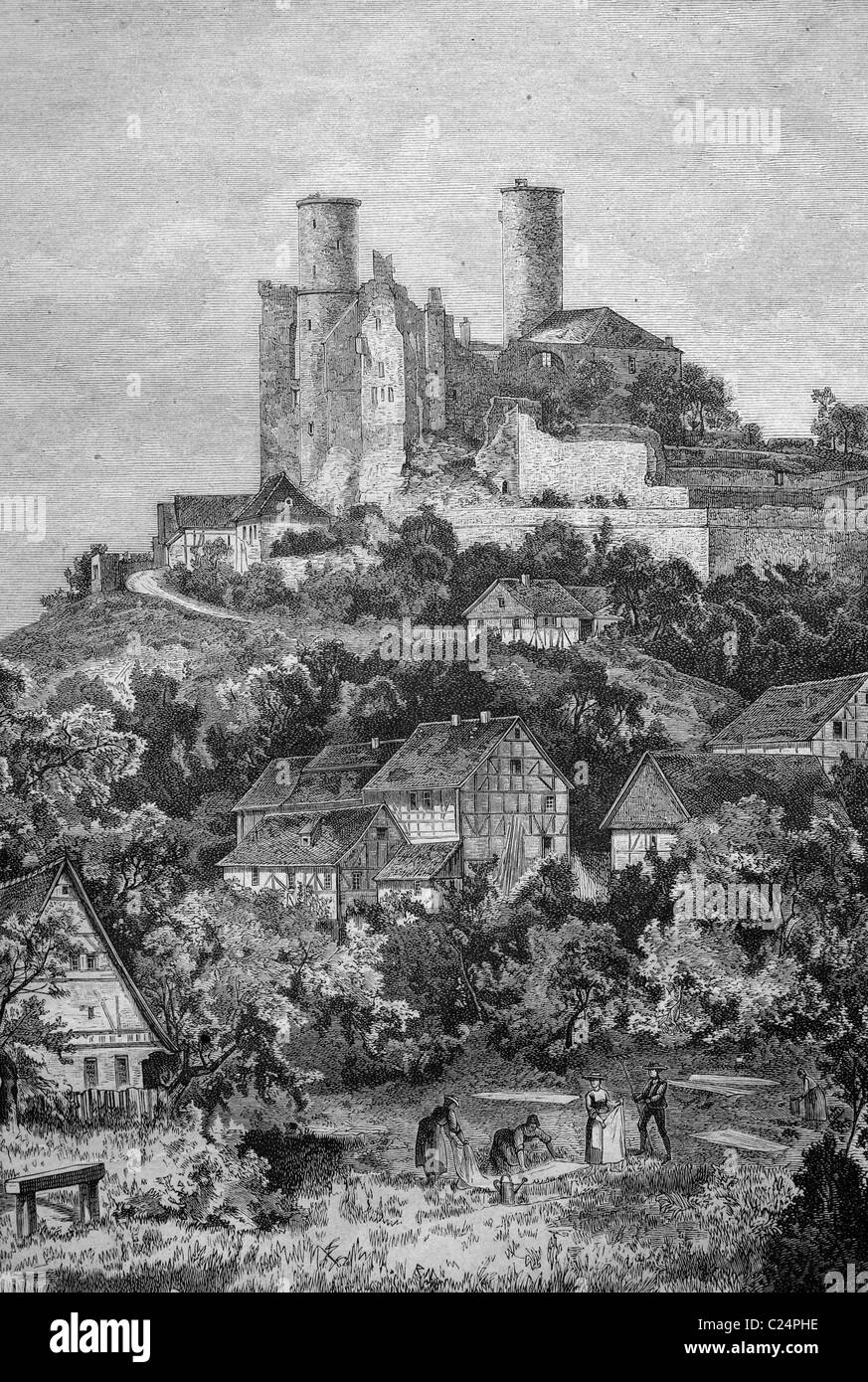 Ruine du château de Hanstein, Bornhagen, district Nordhausen, Thuringe, Allemagne, illustration historique, 1877 Banque D'Images