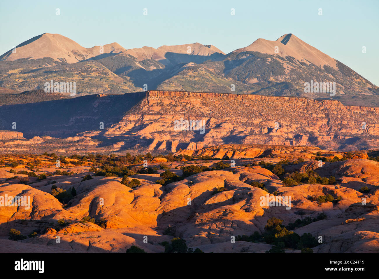 La chaîne de Montagnes La Sal Slickrock trail, vu de l'extérieur de Moab, Utah, USA. Banque D'Images