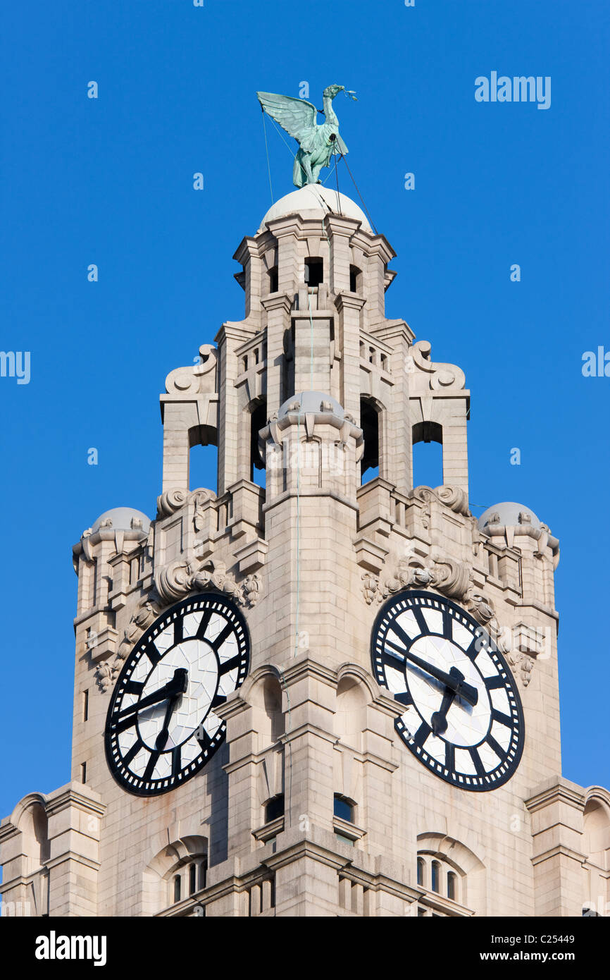 Tour de l'horloge et à l'oiseau du foie Liver Building à Pier Head, Liverpool Banque D'Images