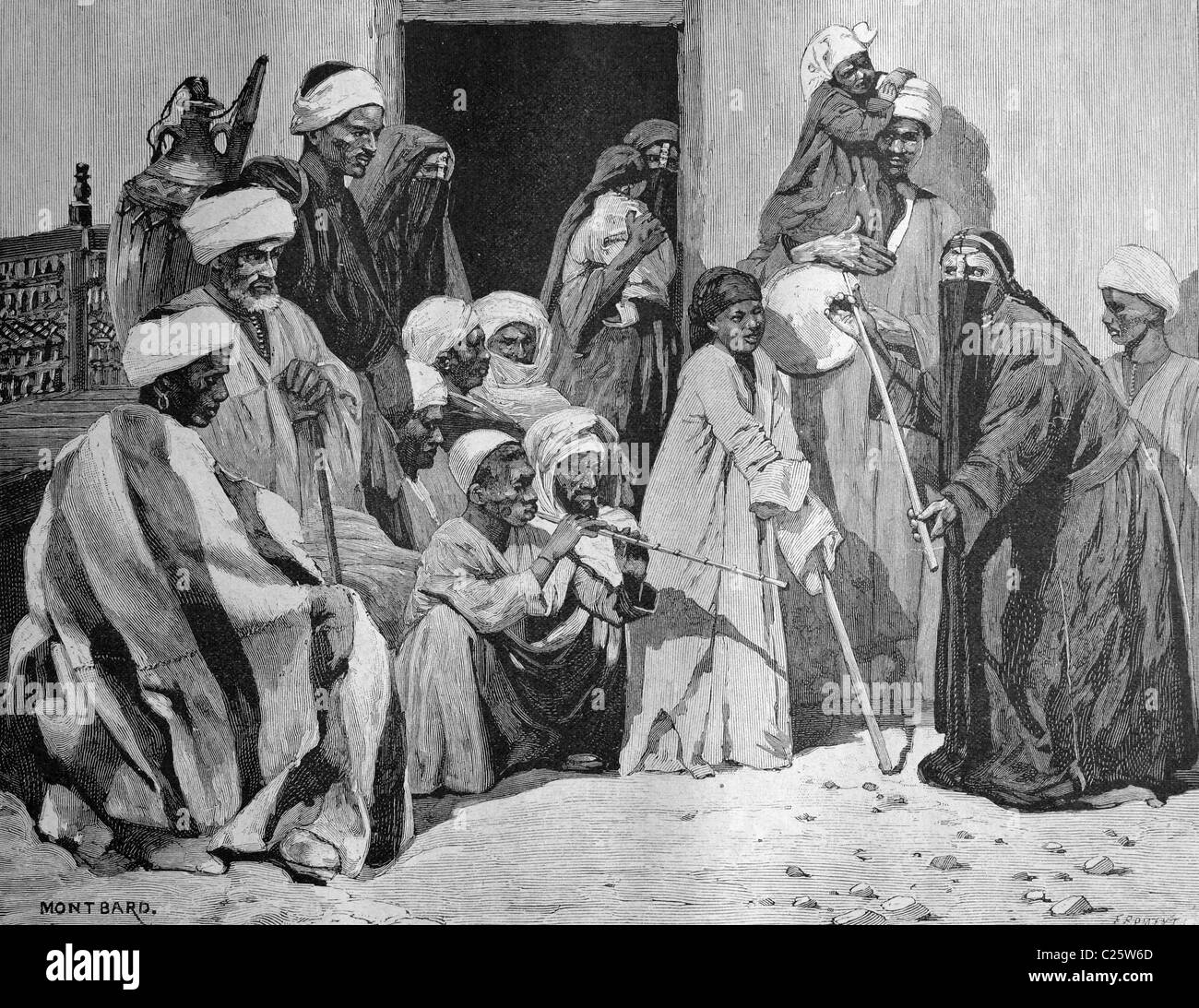 La danse du personnel dans une rue du Caire, Égypte, illustration historique vers 1893 Banque D'Images