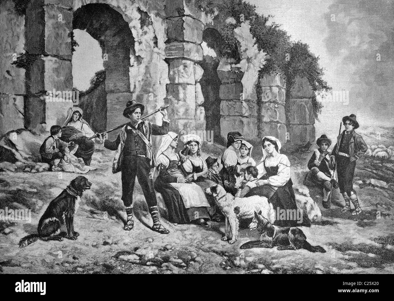 Sortie en famille à la campagne près de Rome, Italie, circa 1893 illustration historique Banque D'Images