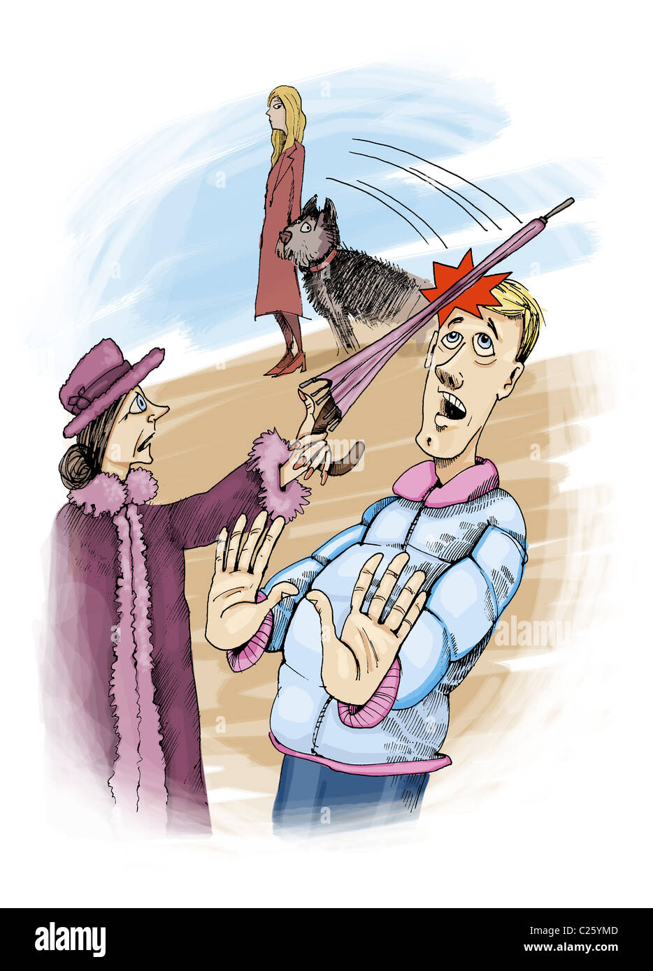 Illustration humoristique de vieille femme jeune homme frappe par umbrella Banque D'Images