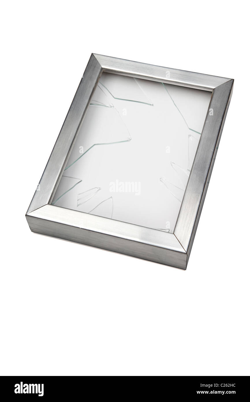 Cadre photo couleur argent vide, rompu avec du verre brisé Banque D'Images