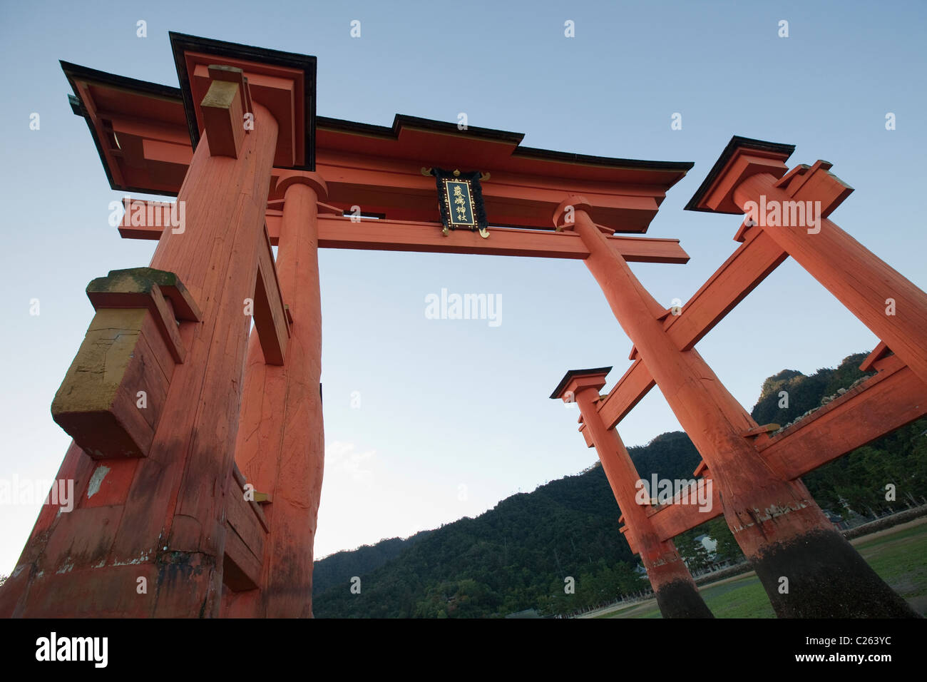 "Flottant" de torii à Miyajima (Itsuku-shima) par le dessous. Banque D'Images