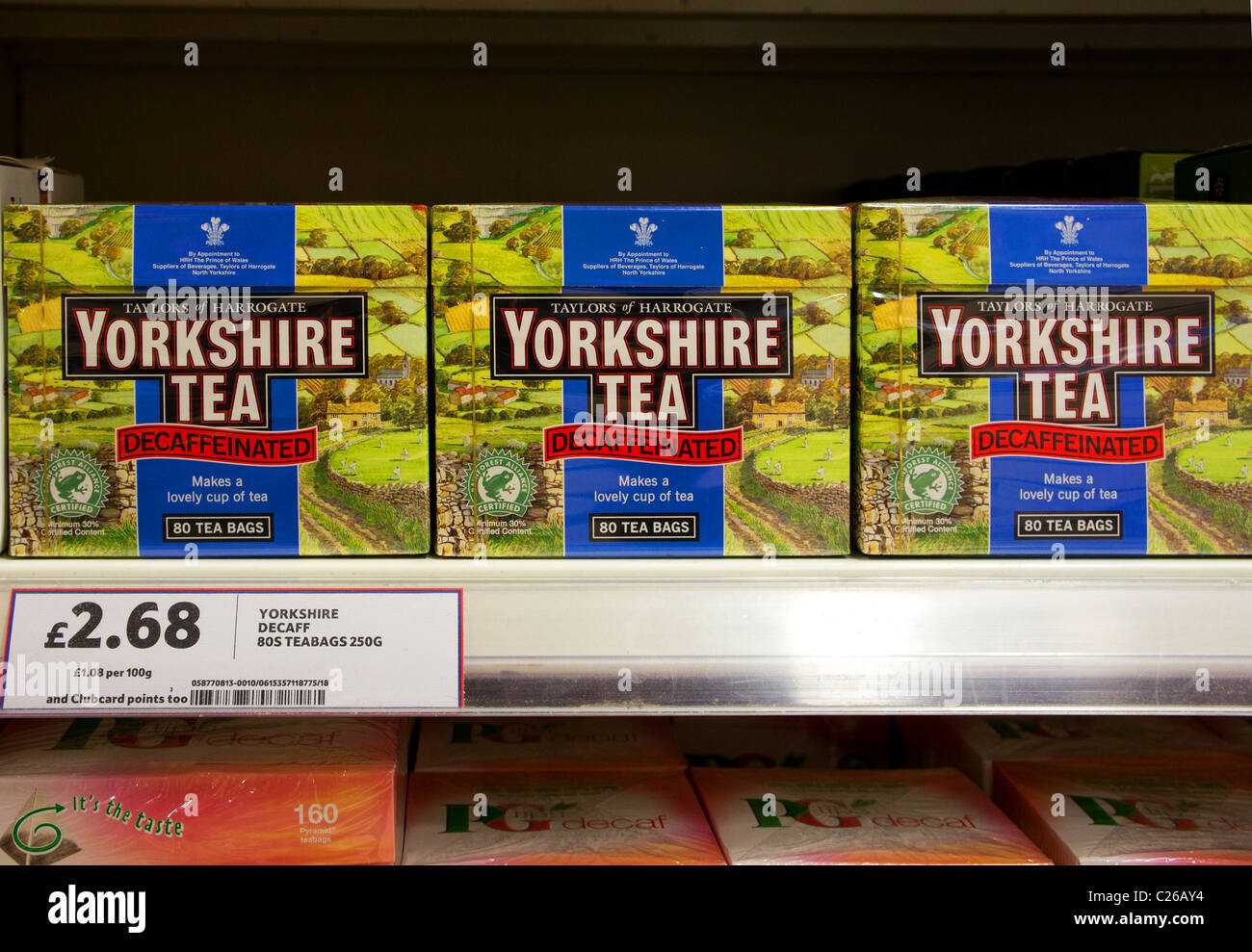 Yorkshire décaféiné sachets de thé dans un supermarché au Royaume-Uni Banque D'Images