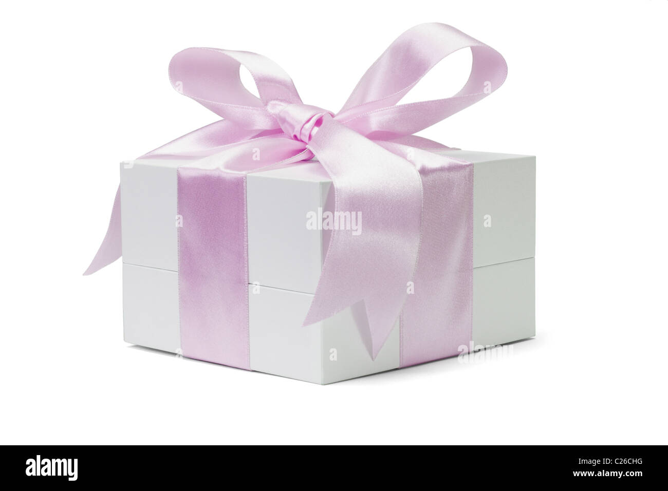 Grande boîte-cadeau avec noeud rose ruban sur fond blanc Banque D'Images
