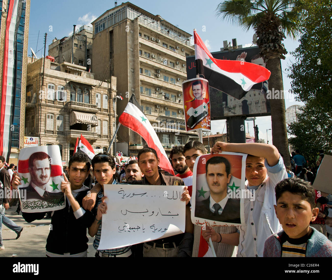 Manifestation pro syrien Bachar Al Assad révolution guerre Alep portrait Banque D'Images