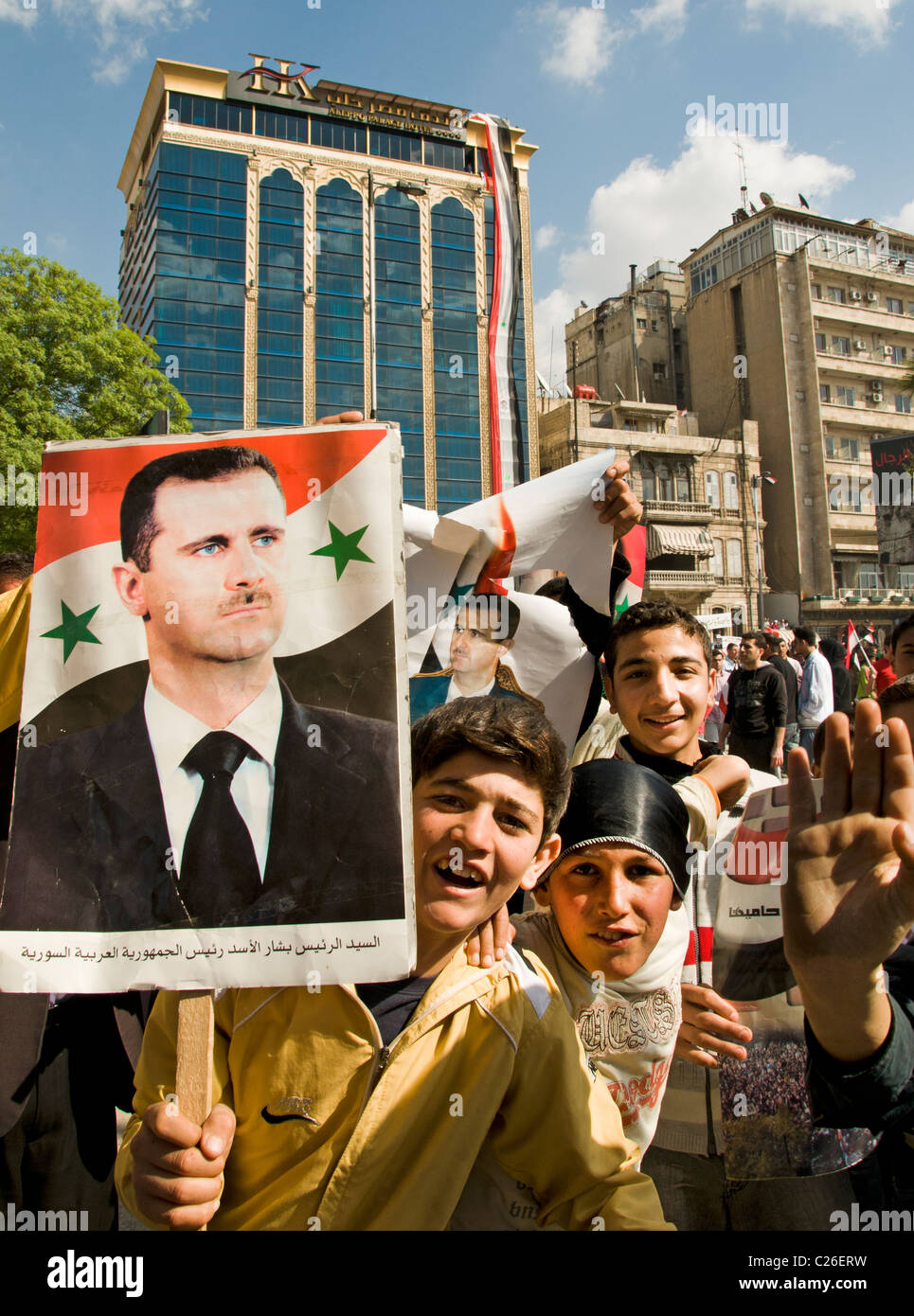 Manifestation pro syrien Bachar Al Assad révolution guerre Alep portrait Banque D'Images