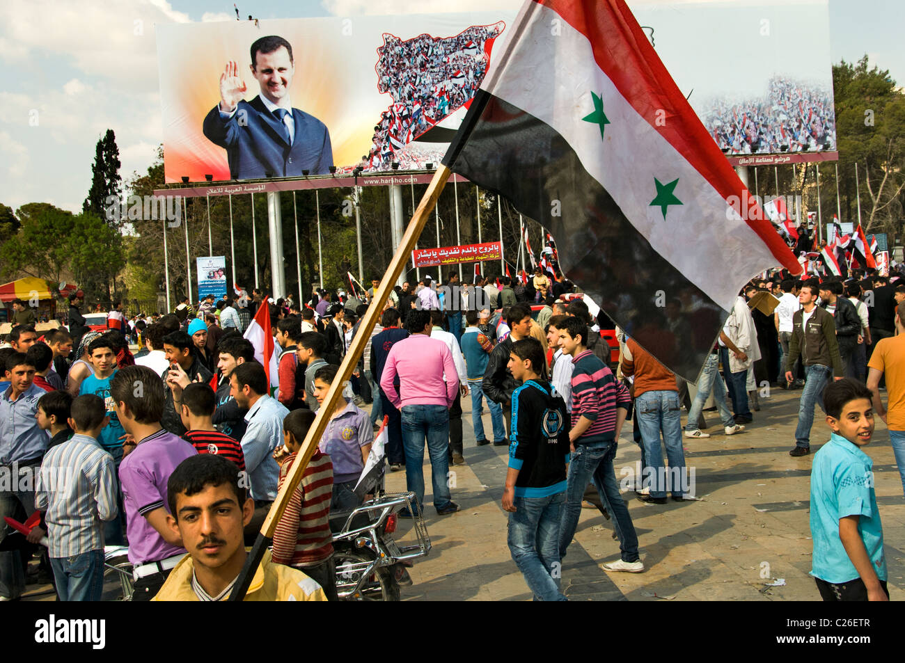 Manifestation pro syrien Bachar Al Assad révolution guerre Alep portrait Banque D'Images