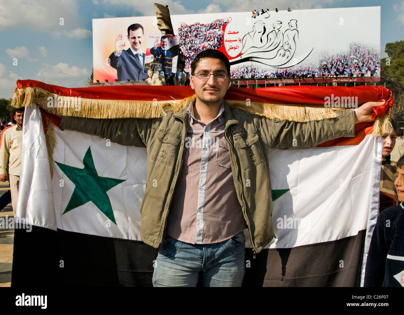 Manifestation pro syrien Bachar Al Assad révolution guerre Alep portrait Banque D'Images