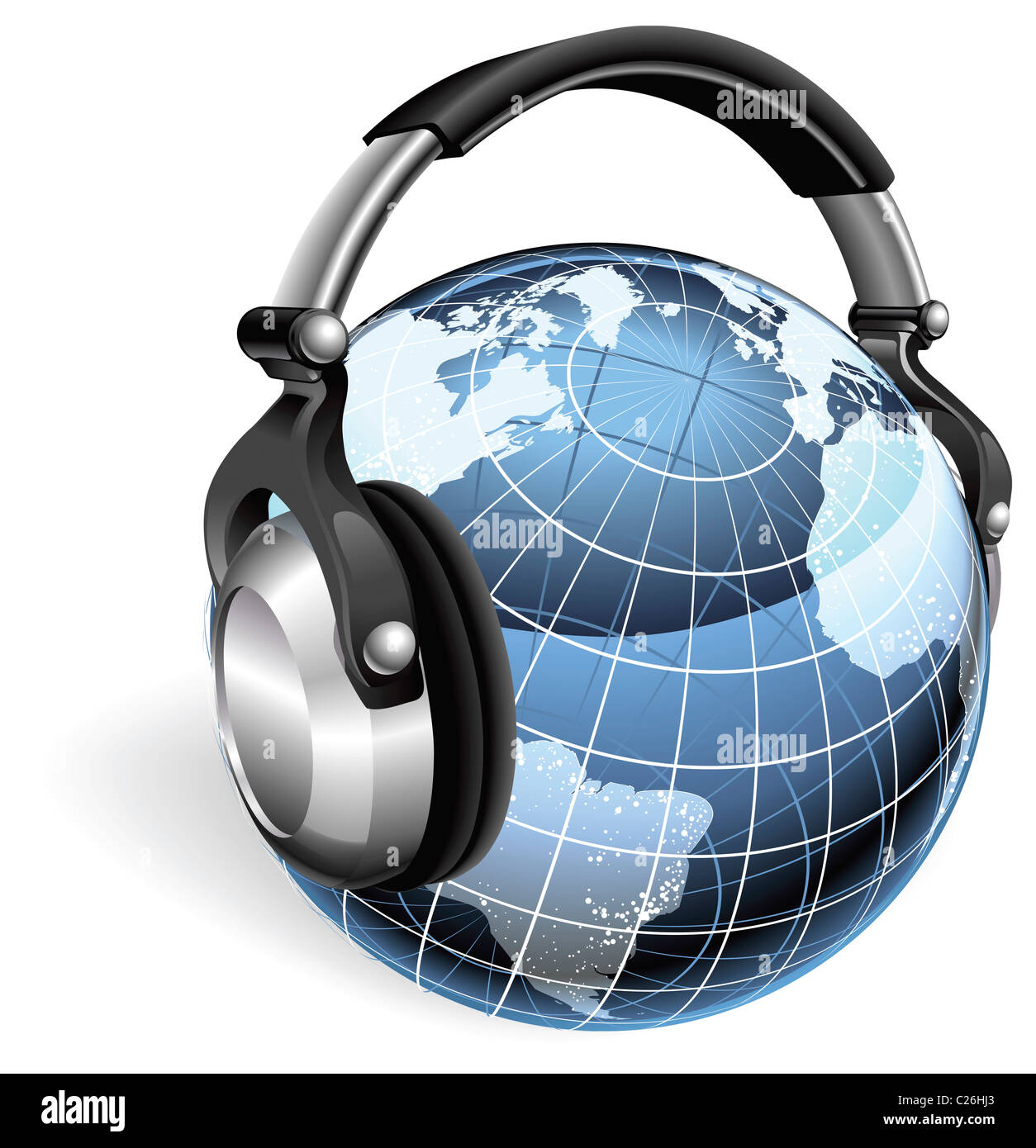 Le monde globe terrestre d'écouter de la musique sur le casque. Banque D'Images