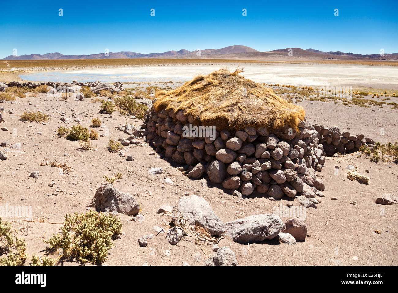 Un abri en pierre du berger de lamas / refuge avec toit d'herbe dans le désert dans le sud-ouest de la Bolivie, l'Amérique du Sud. Banque D'Images
